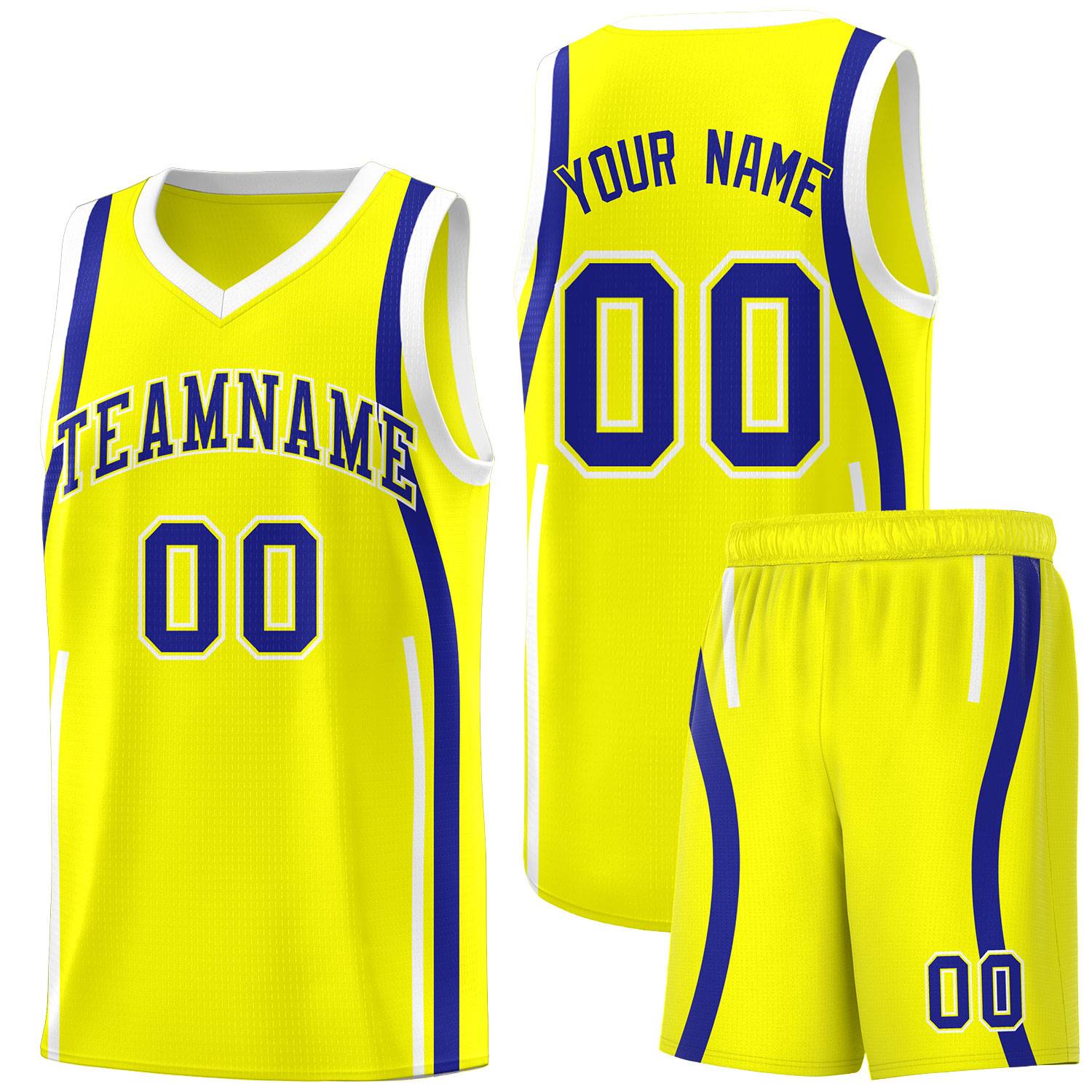 Custom Fluorescent Yellow Royal-White Ribbon Pattern Basketball Kits