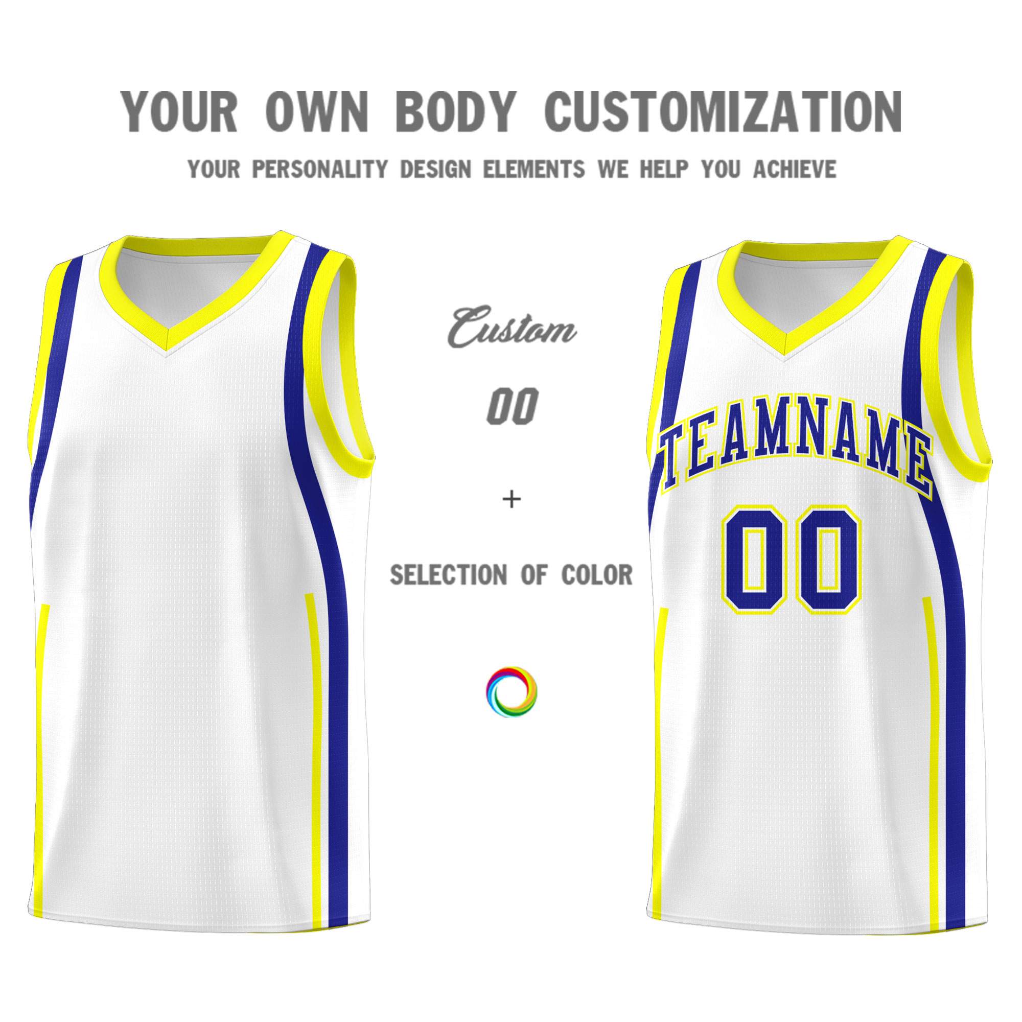 Custom White Royal-Fluorescent Yellow Ribbon Pattern Basketball Kits