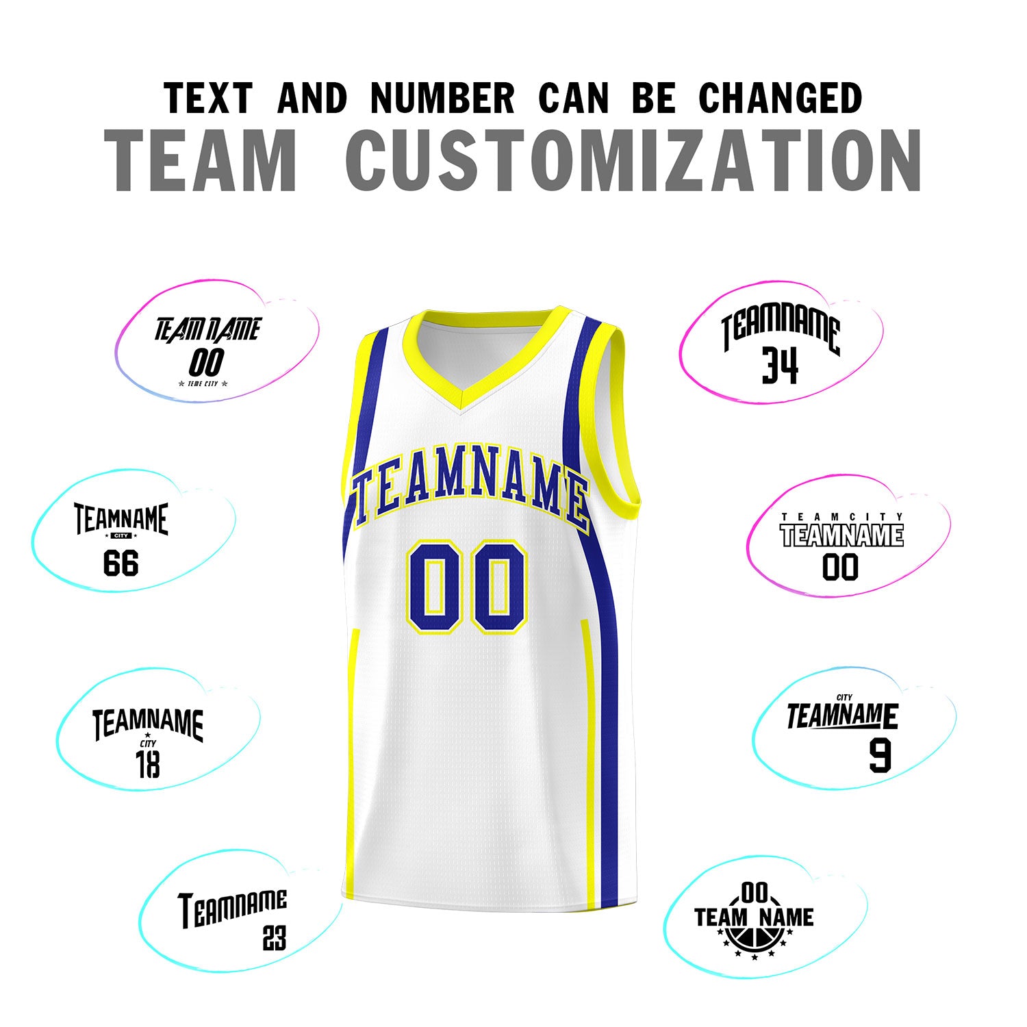 Custom White Royal-Fluorescent Yellow Ribbon Pattern Basketball Kits