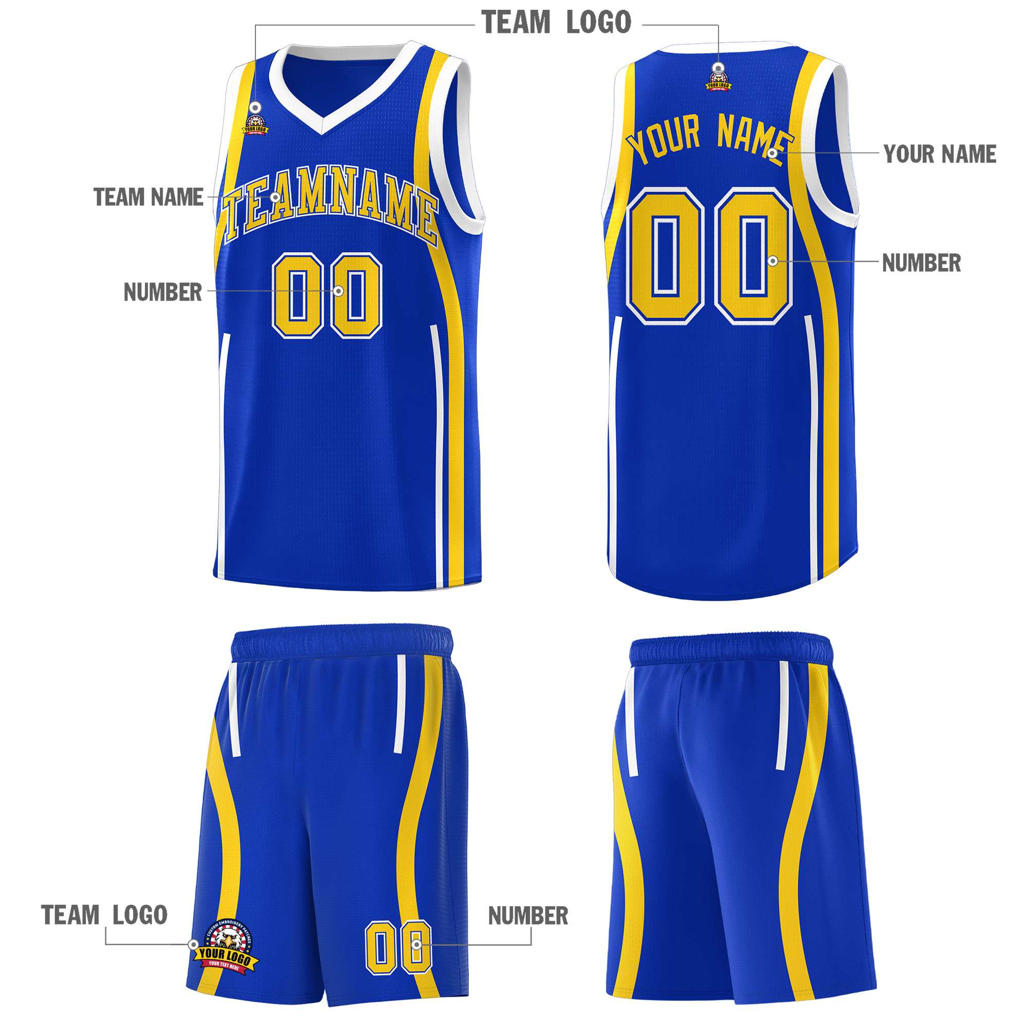 Custom Royal Gold-White Ribbon Pattern Basketball Kits