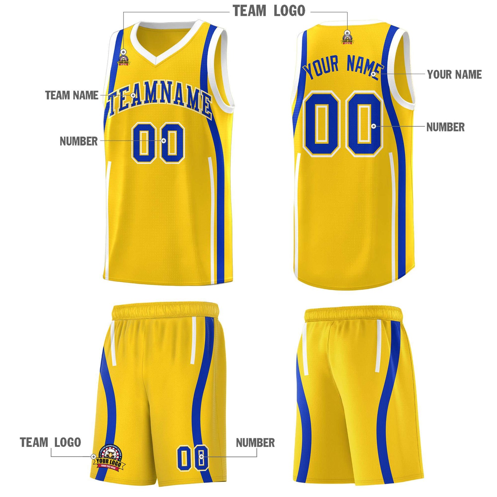Custom Gold Royal-White Ribbon Pattern Basketball Kits