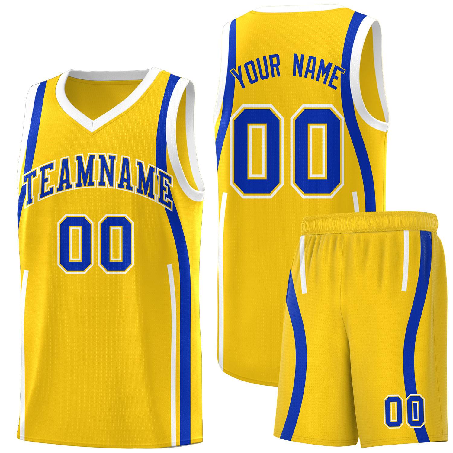 Custom Gold Royal-White Ribbon Pattern Basketball Kits