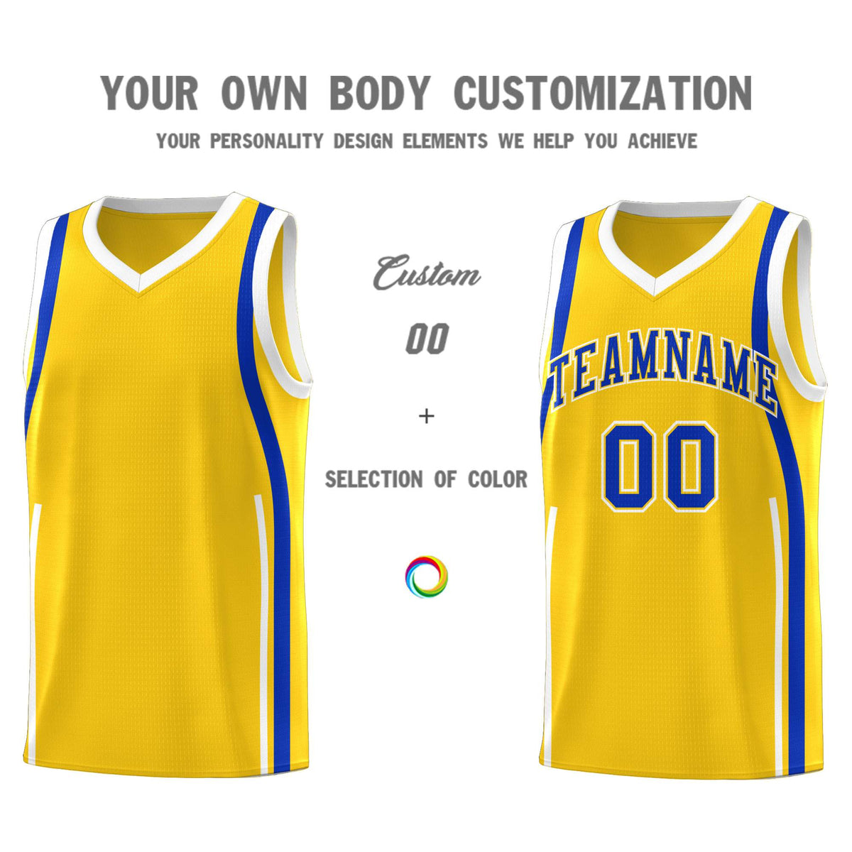 Custom Gold Royal-White Ribbon Pattern Basketball Kits