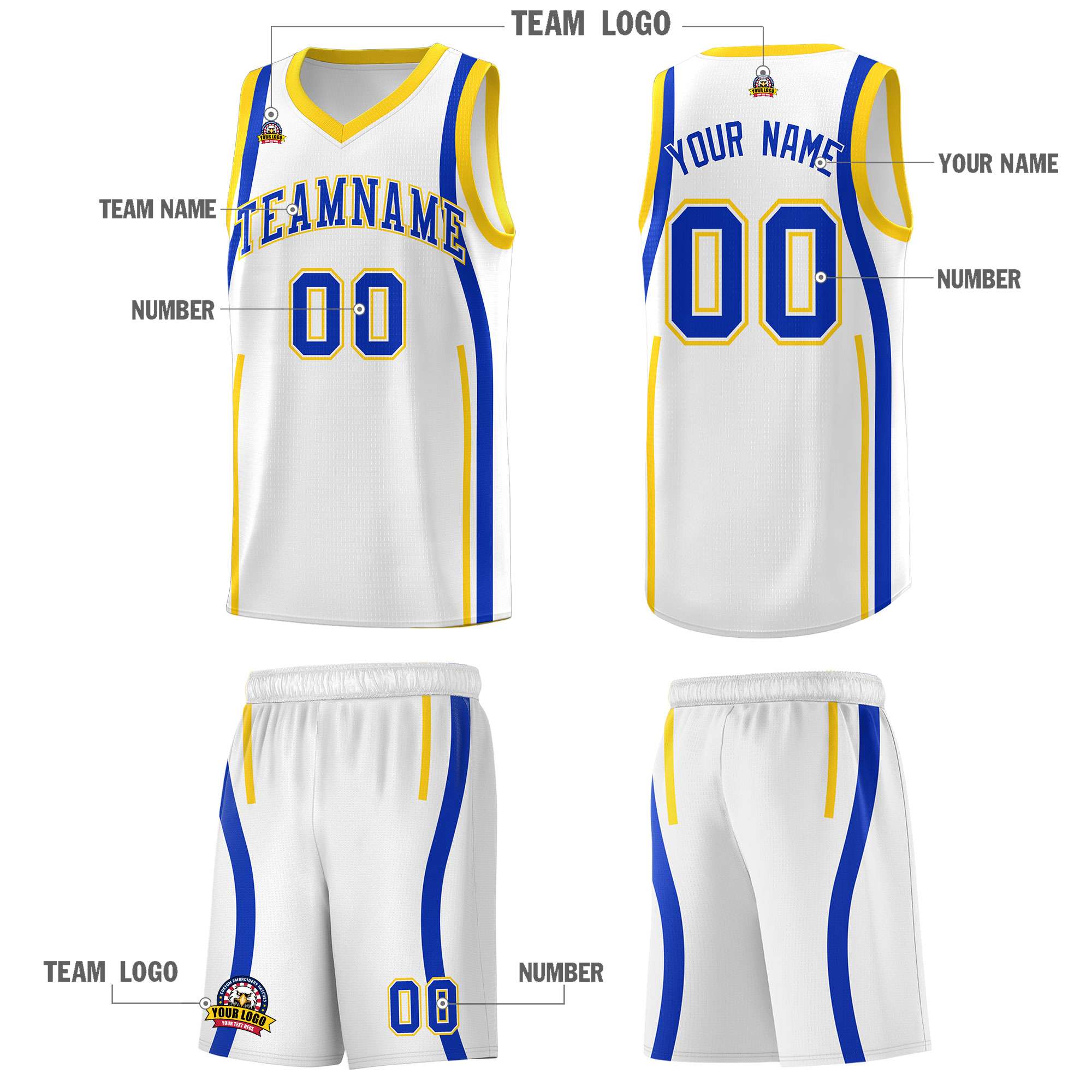 Custom White Royal-Gold Ribbon Pattern Basketball Kits