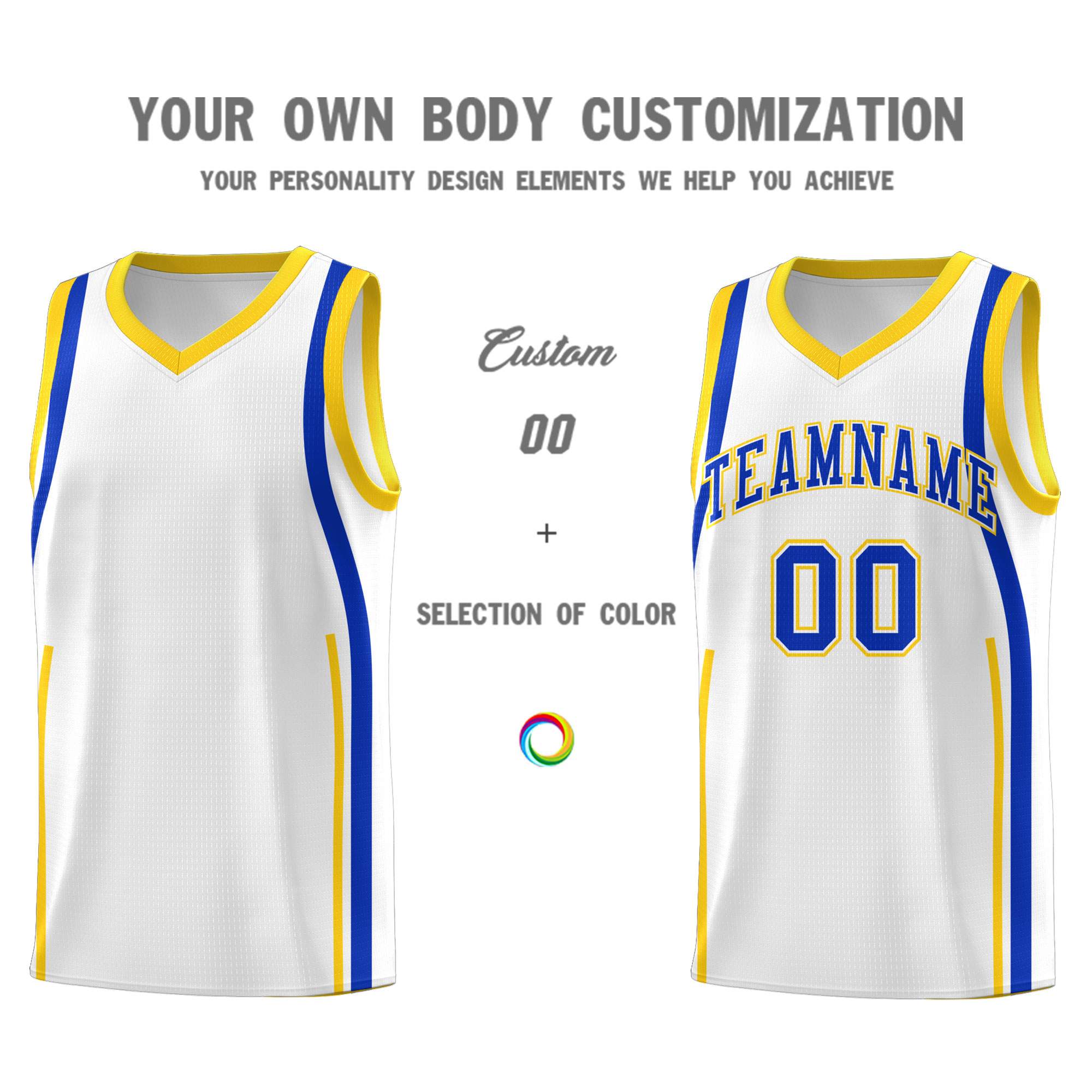 Custom White Royal-Gold Ribbon Pattern Basketball Kits