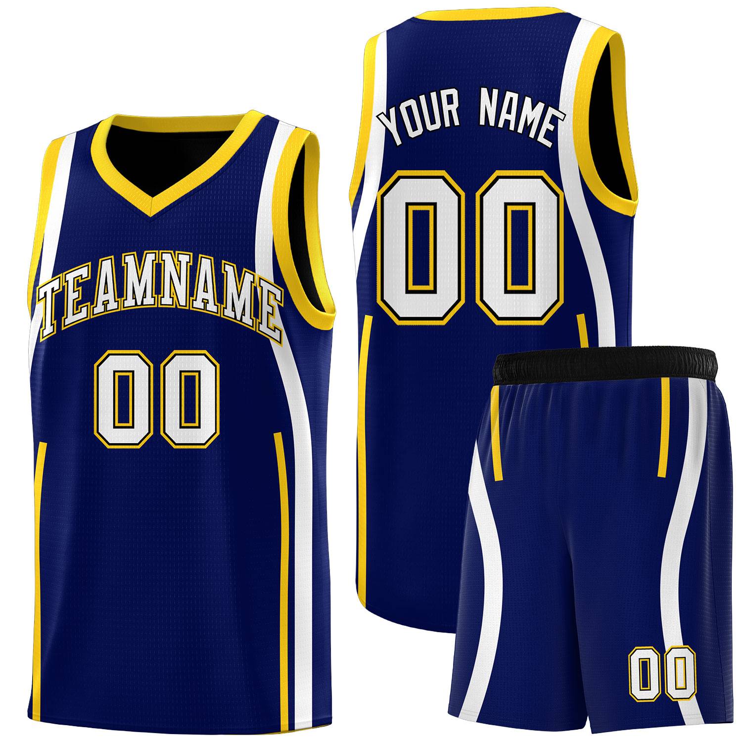 Custom Navy Gold-White Ribbon Pattern Basketball Kits