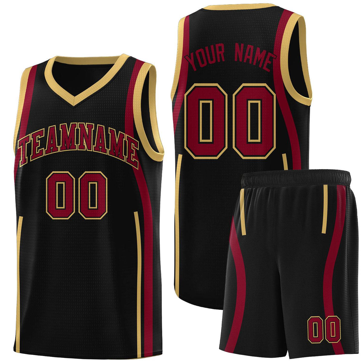 Custom Black Crimson-Old Gold Ribbon Pattern Basketball Kits