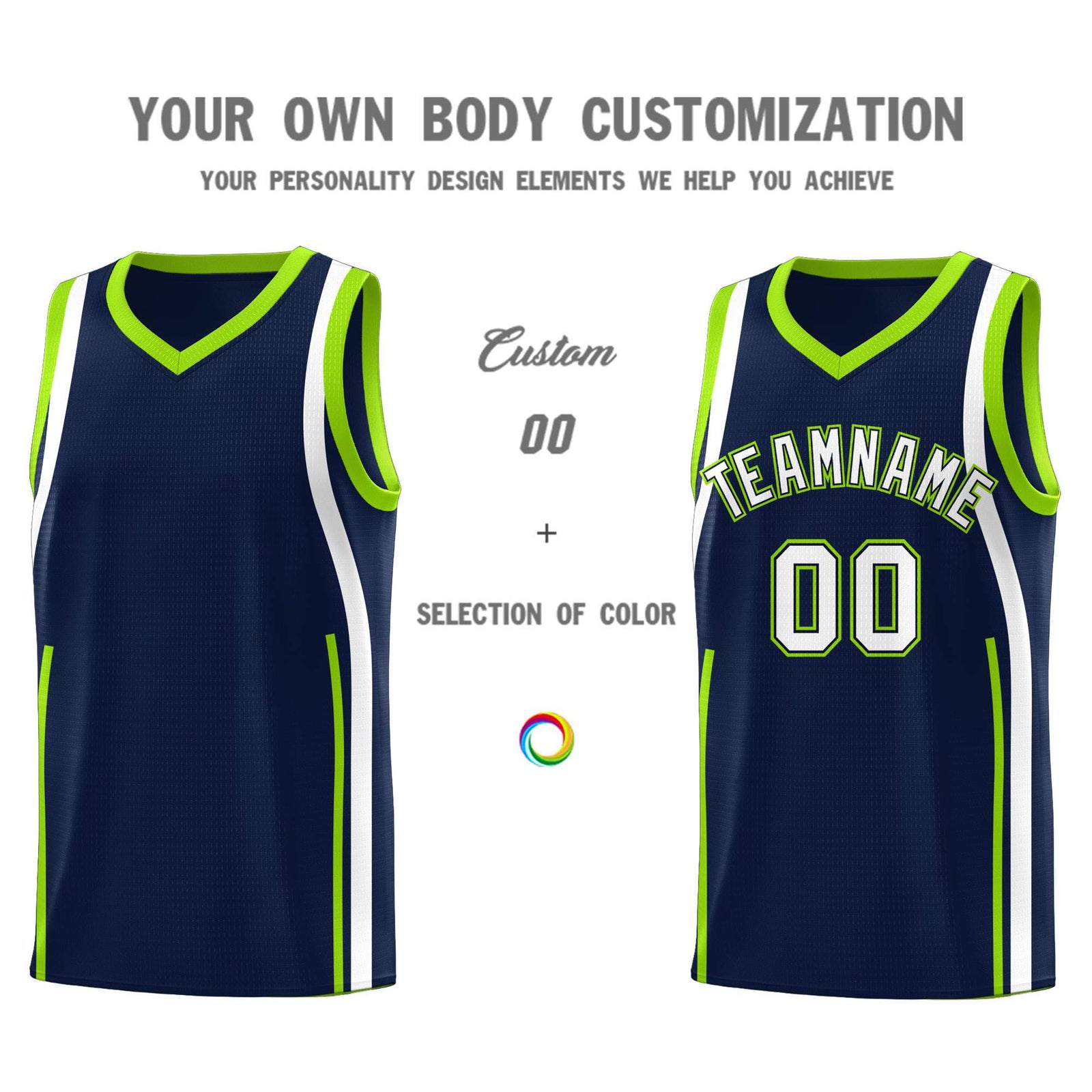 Custom Navy White-Fluorescent Green Ribbon Pattern Basketball Kits