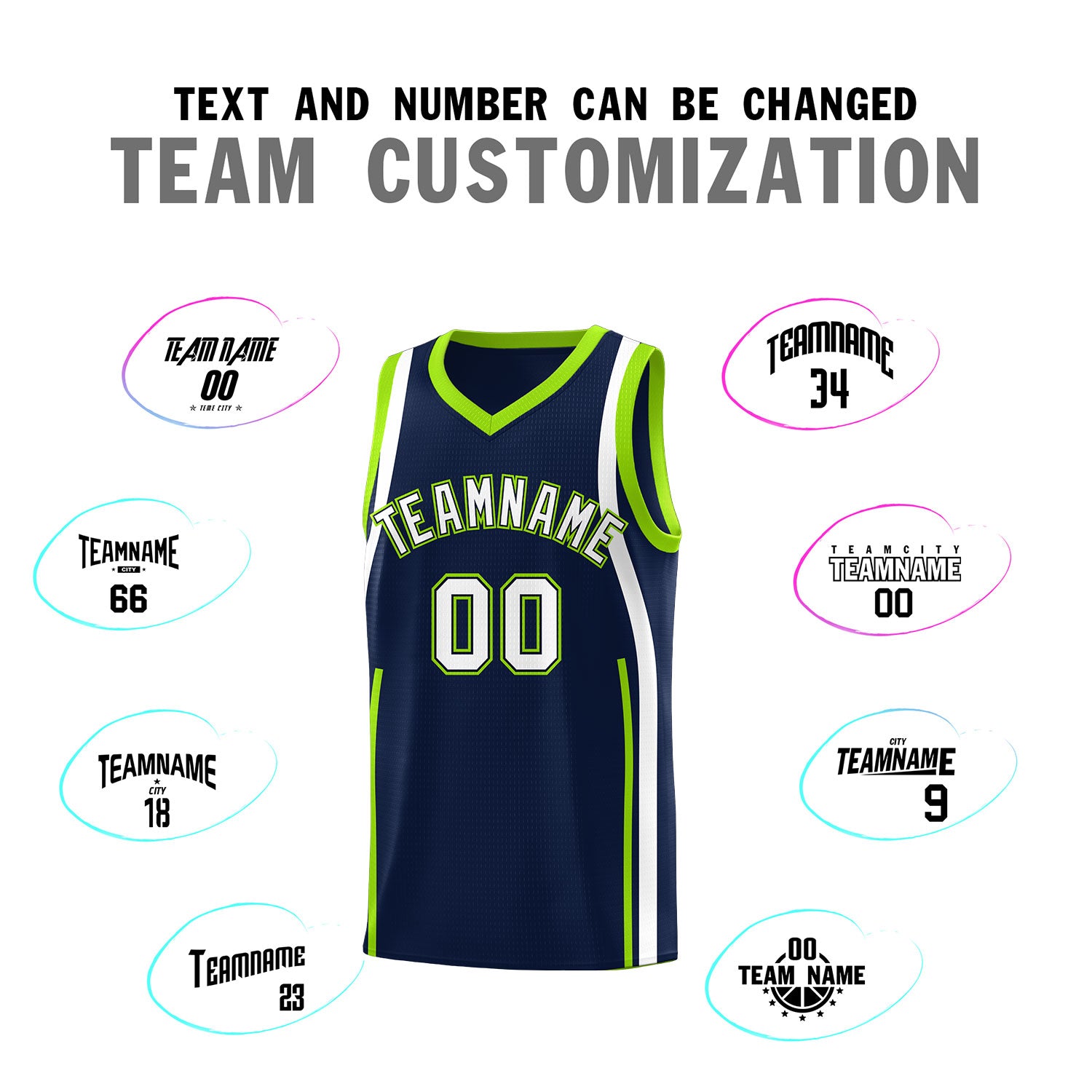 Custom Navy White-Fluorescent Green Ribbon Pattern Basketball Kits