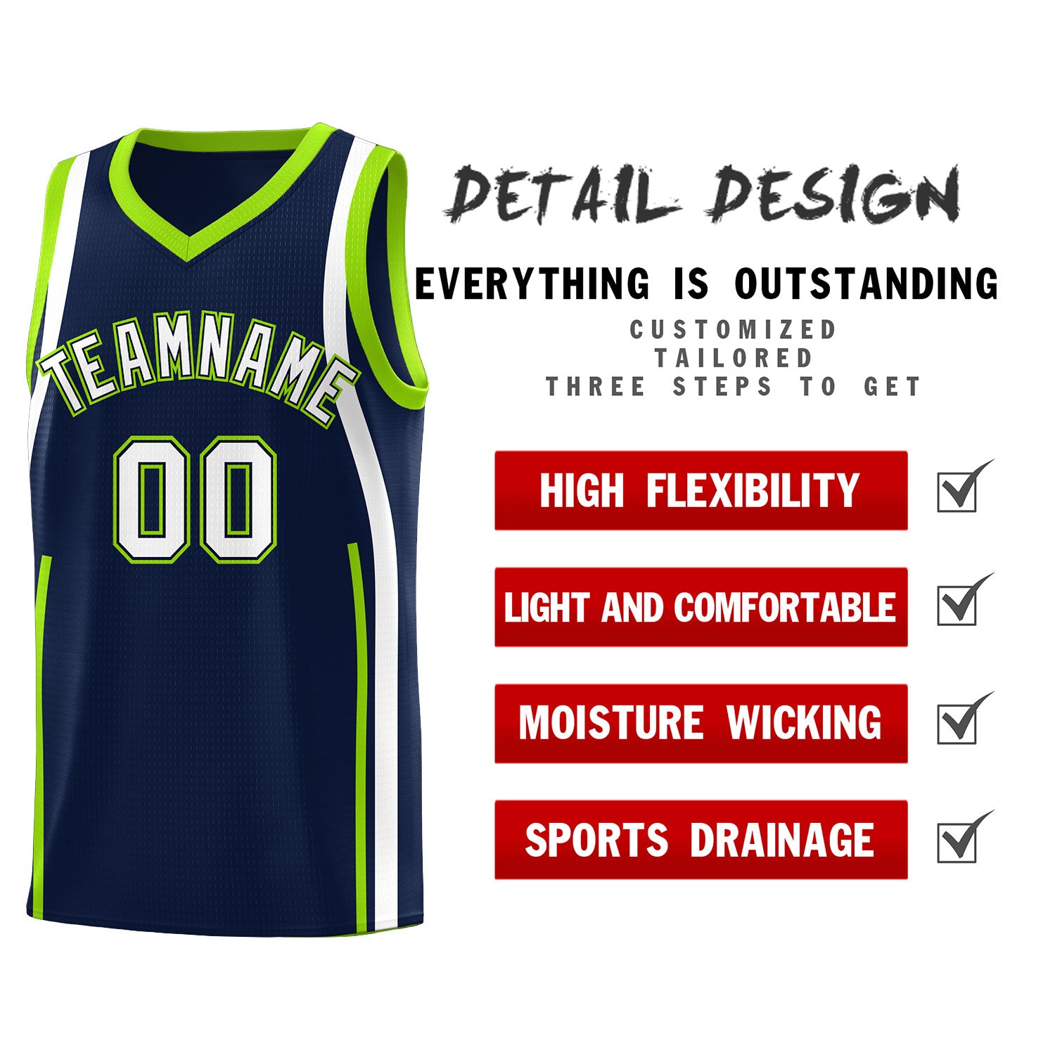 Custom Navy White-Fluorescent Green Ribbon Pattern Basketball Kits