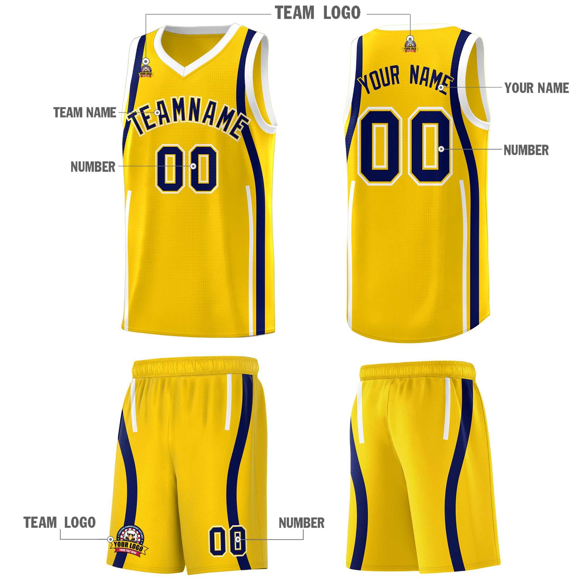 Custom Gold Navy-White Ribbon Pattern Basketball Kits