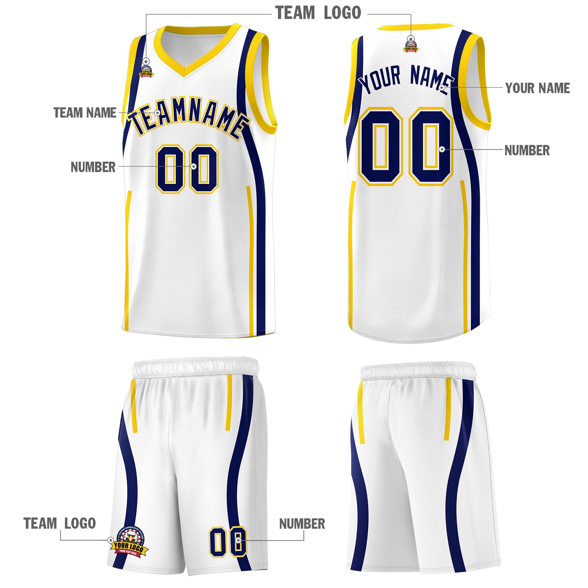 Custom White Navy-Gold Ribbon Pattern Basketball Kits