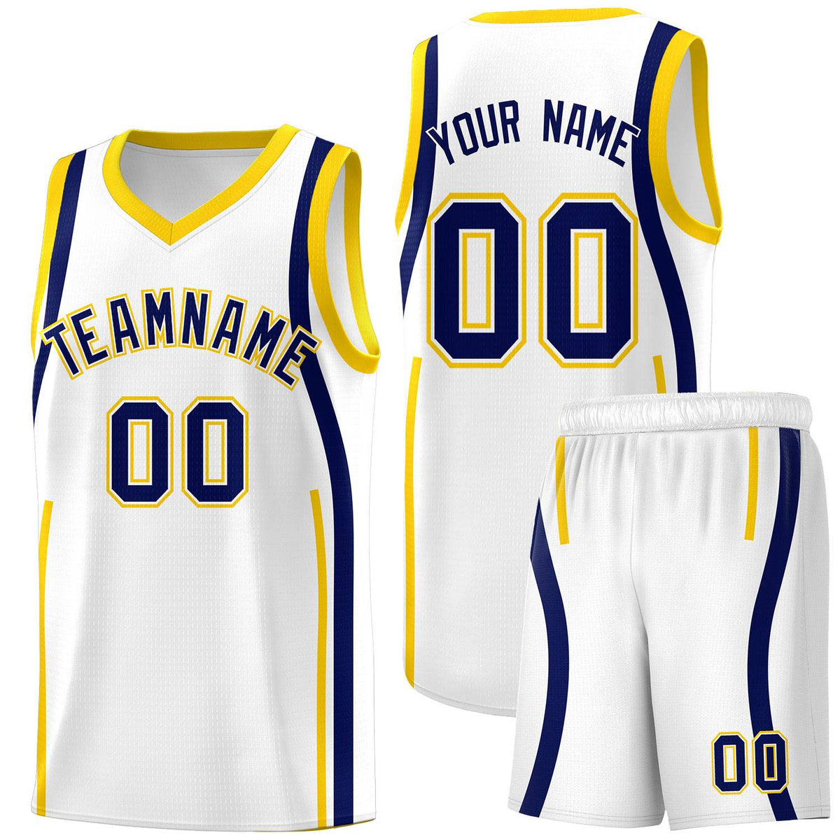 Custom White Navy-Gold Ribbon Pattern Basketball Kits