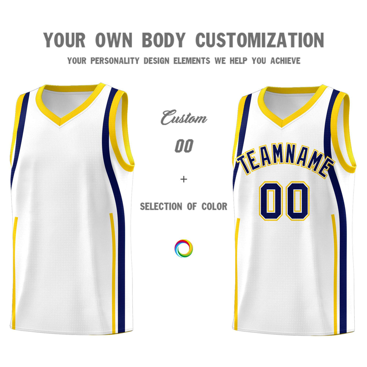 Custom White Navy-Gold Ribbon Pattern Basketball Kits