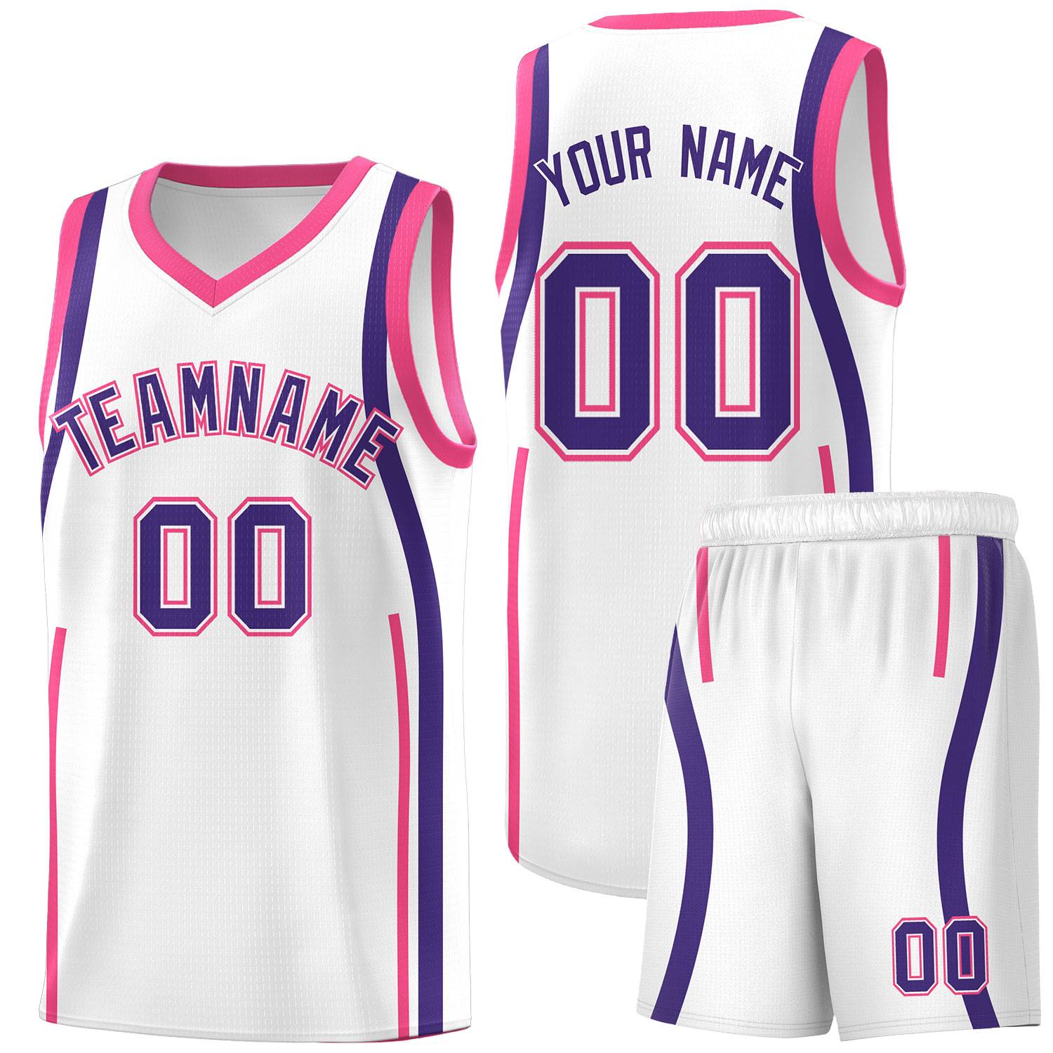 Custom White Pink-Purple Ribbon Pattern Basketball Kits