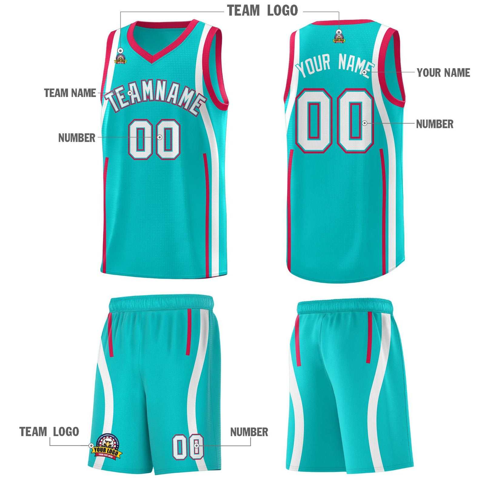 Custom Aqua Red-White Ribbon Pattern Basketball Kits