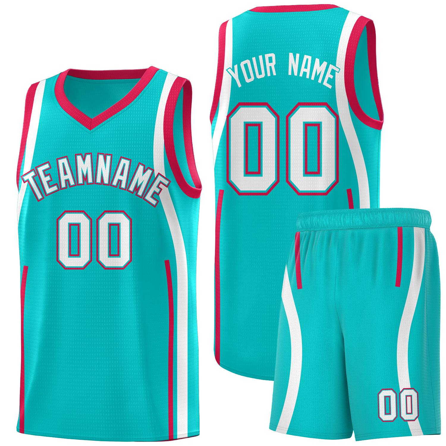 Custom Aqua Red-White Ribbon Pattern Basketball Kits