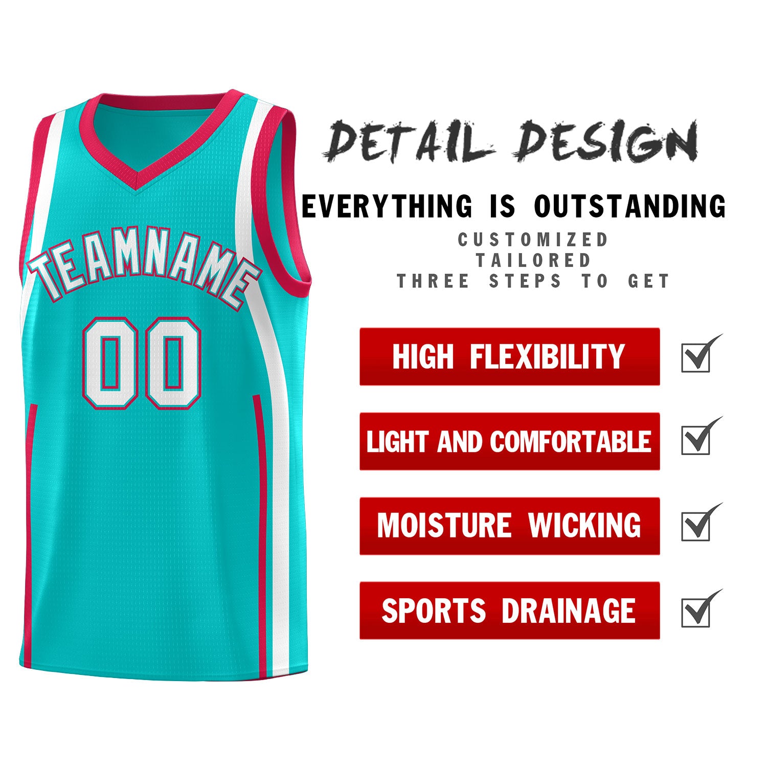 Custom Aqua Red-White Ribbon Pattern Basketball Kits