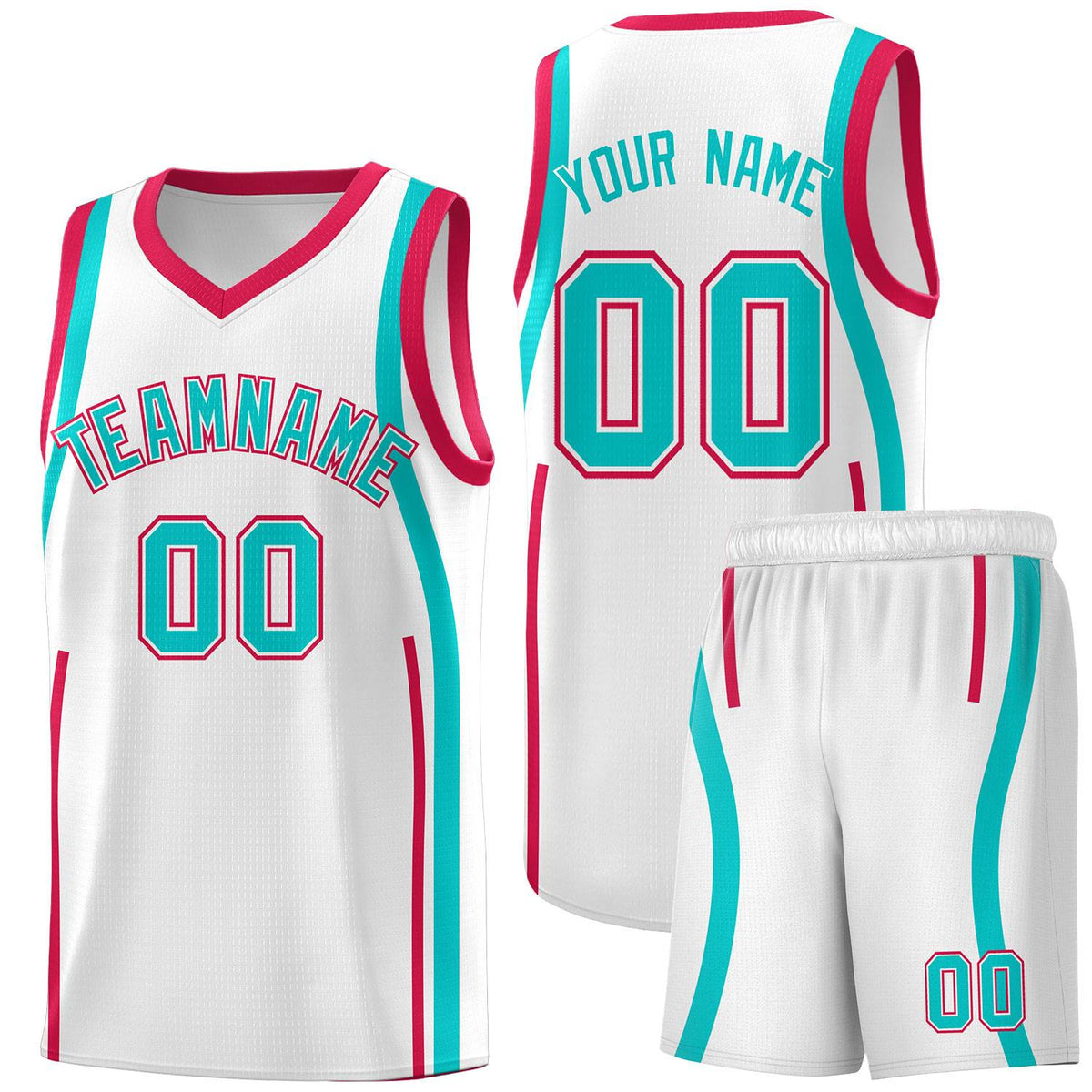 Custom White Aqua-Red Ribbon Pattern Basketball Kits
