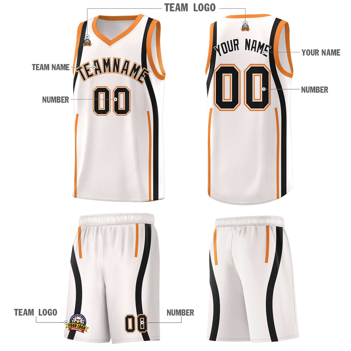 Custom White Gold Orange-Black Ribbon Pattern Basketball Kits