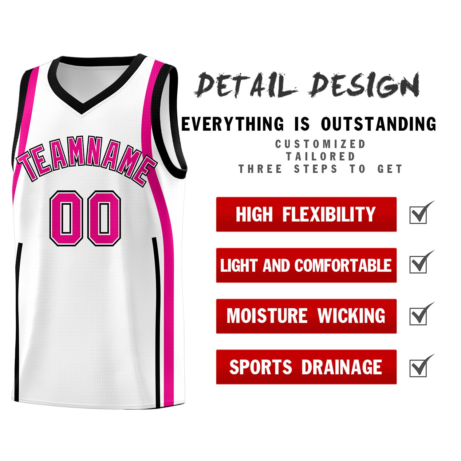 Custom White Pink-Black Ribbon Pattern Basketball Kits