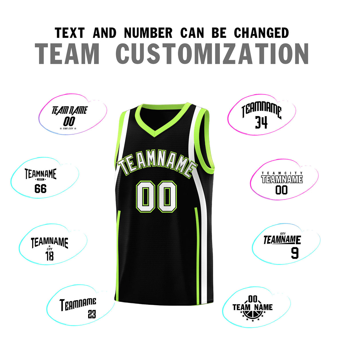 Custom Black Fluorescent Green-White Ribbon Pattern Basketball Kits