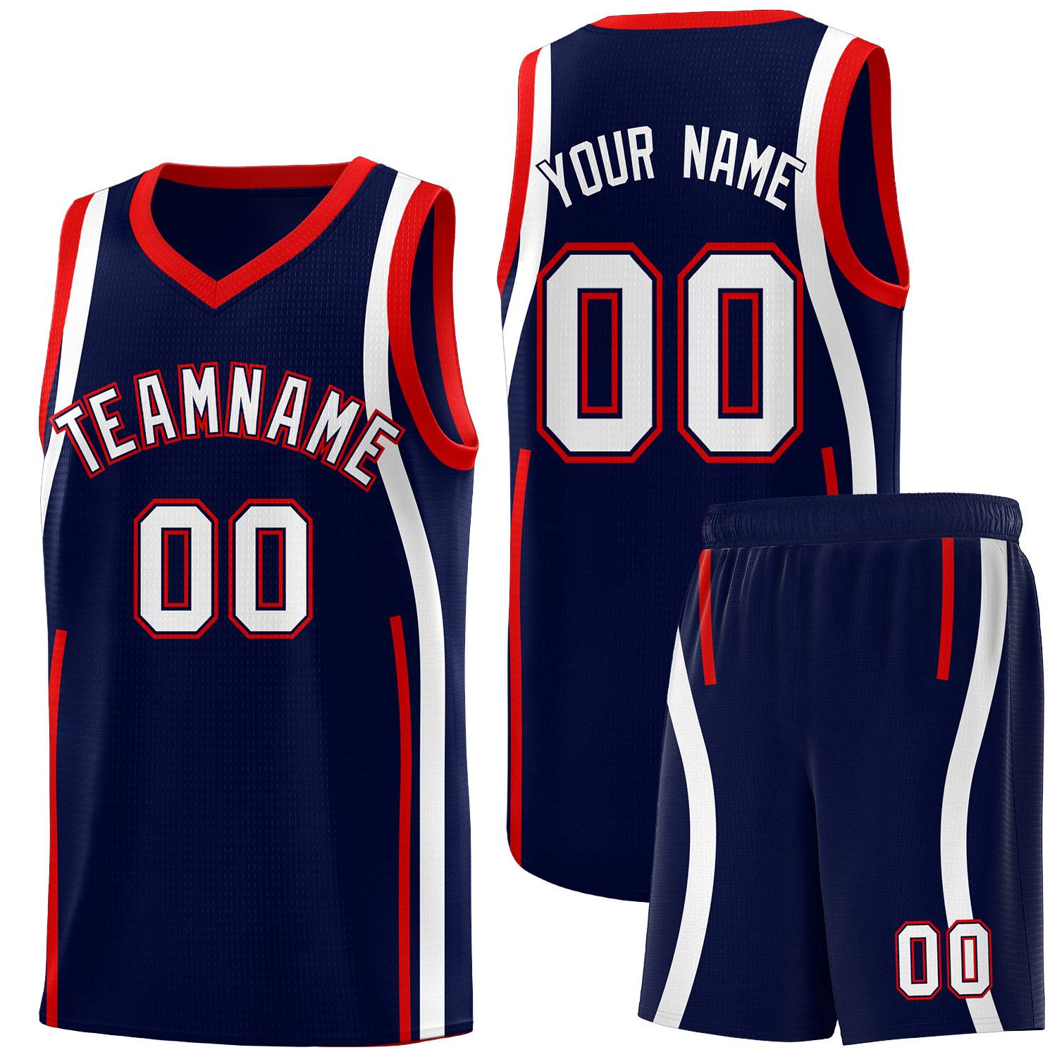 Custom Navy Red-White Ribbon Pattern Basketball Kits
