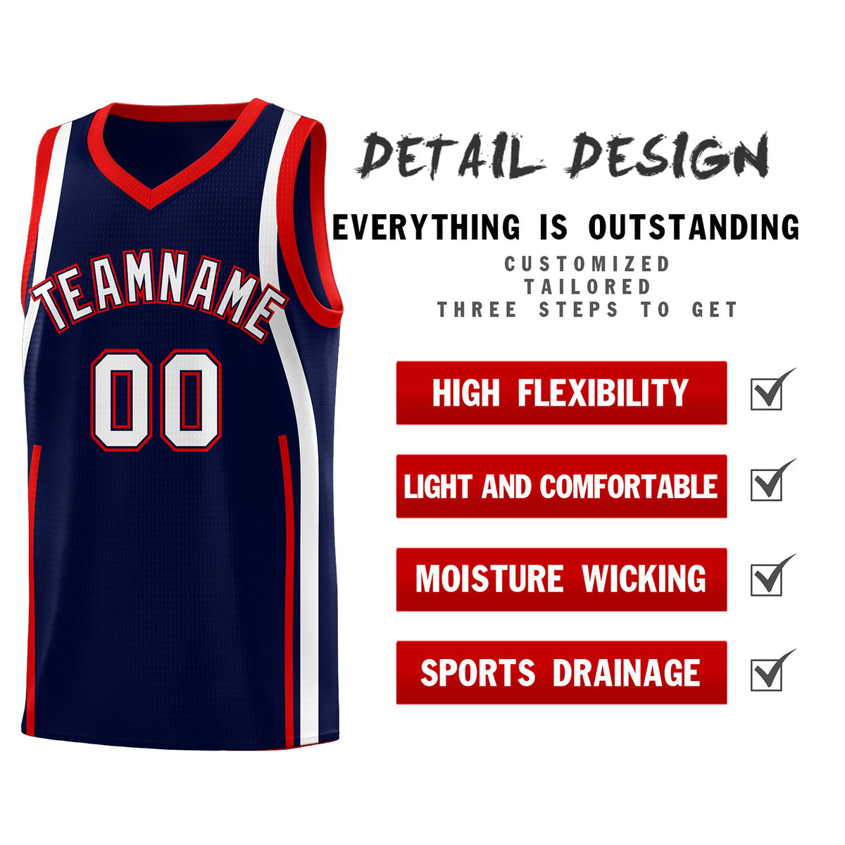 Custom Navy Red-White Ribbon Pattern Basketball Kits