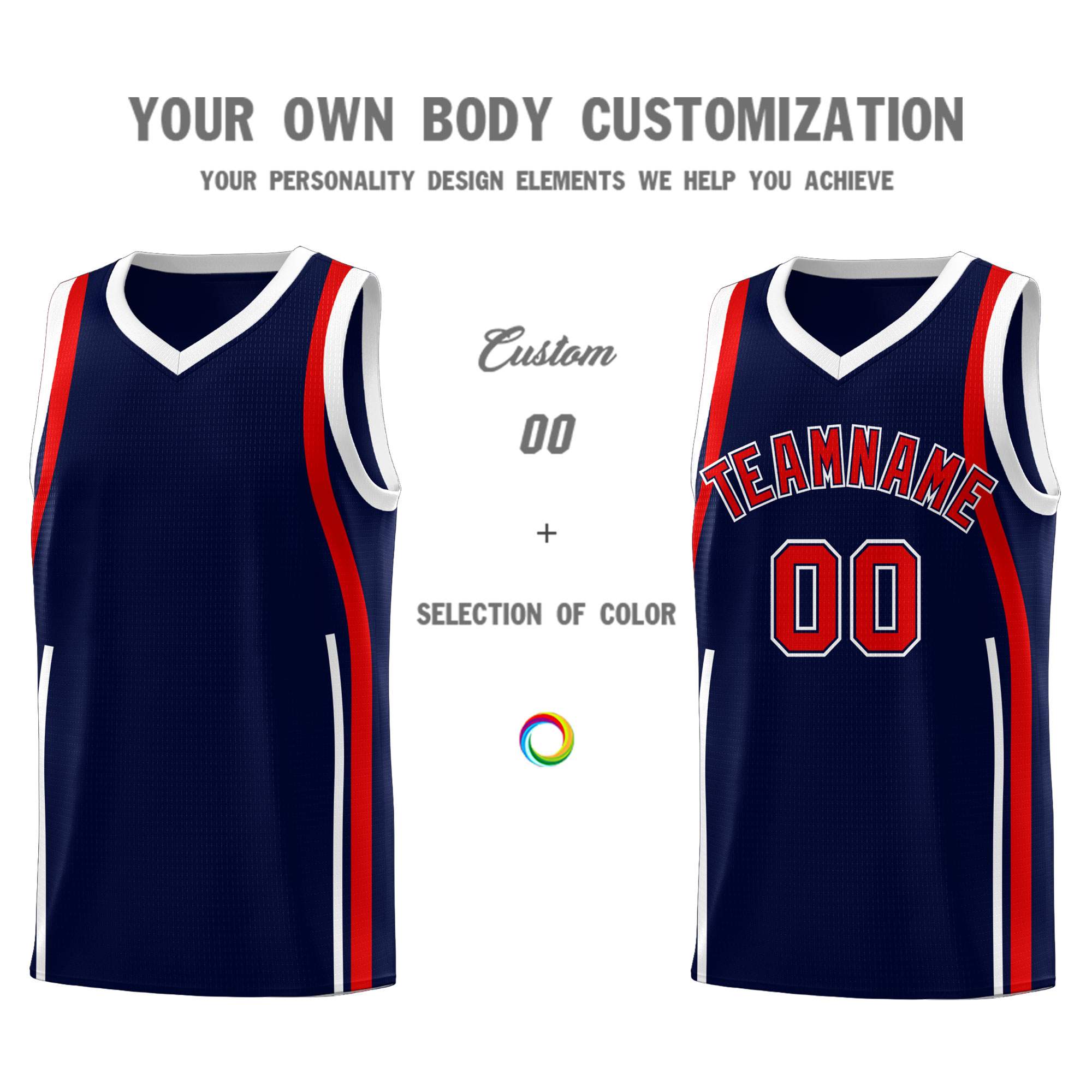 Custom Navy Red-White Ribbon Pattern Basketball Kits