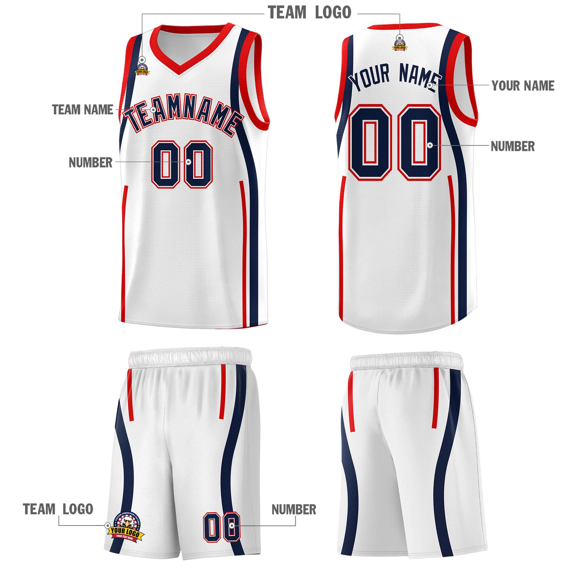 Custom White Navy-Red Ribbon Pattern Basketball Kits