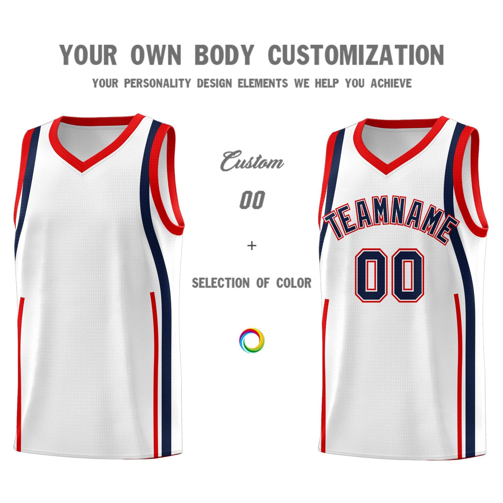 Custom White Navy-Red Ribbon Pattern Basketball Kits