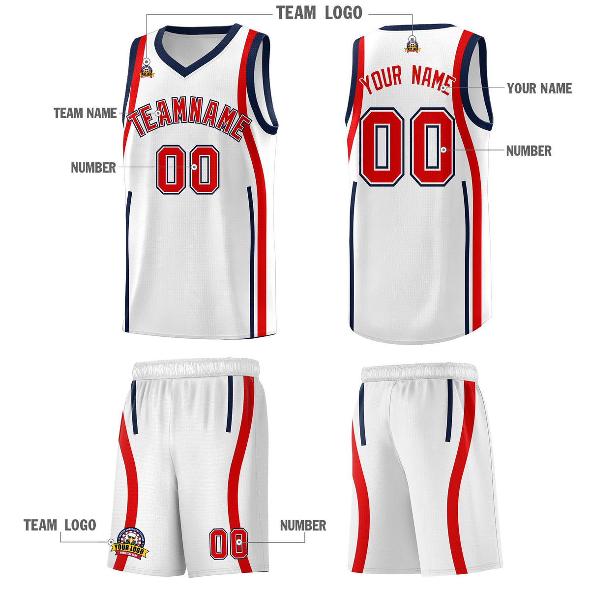 Custom White Navy-Red Ribbon Pattern Basketball Kits