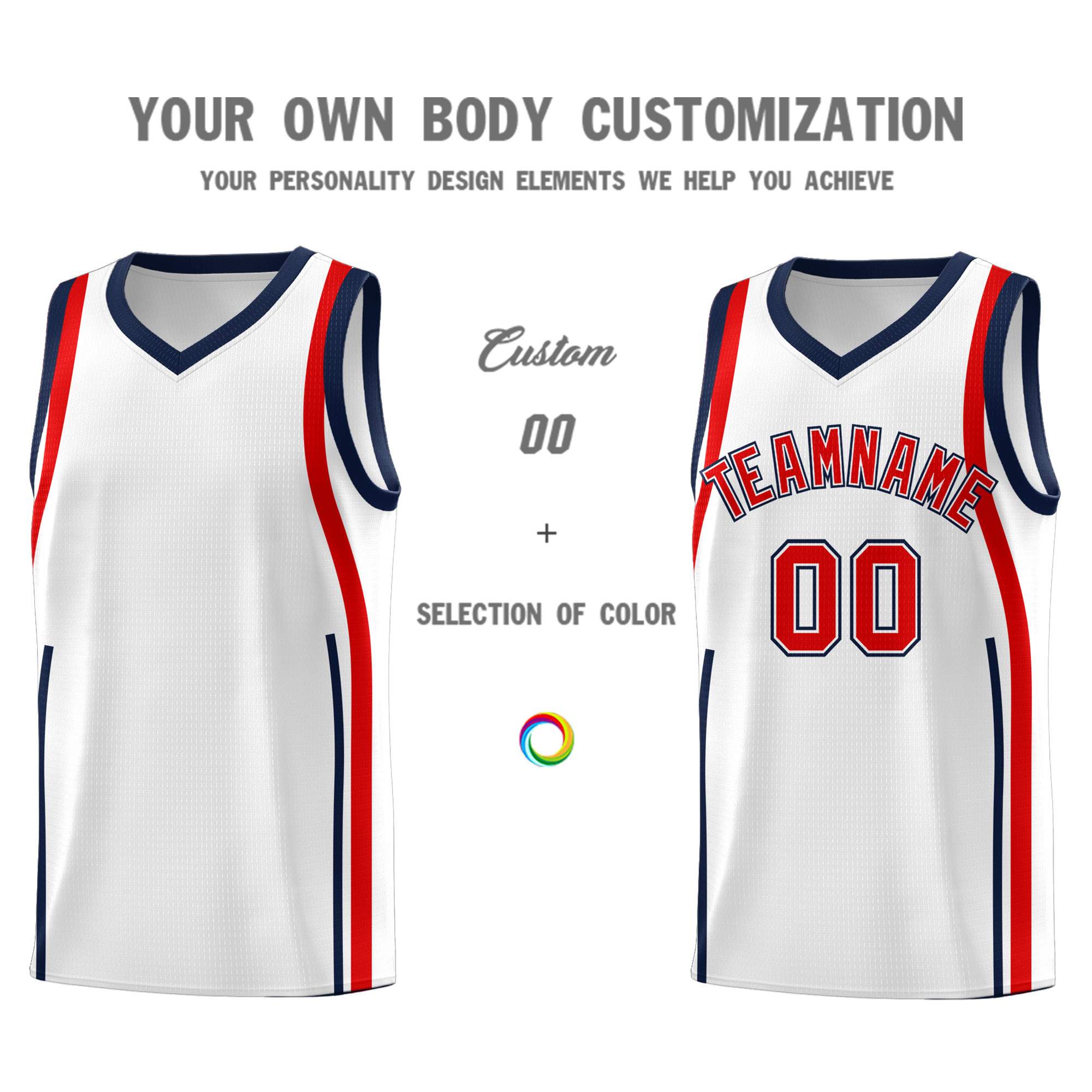 Custom White Navy-Red Ribbon Pattern Basketball Kits