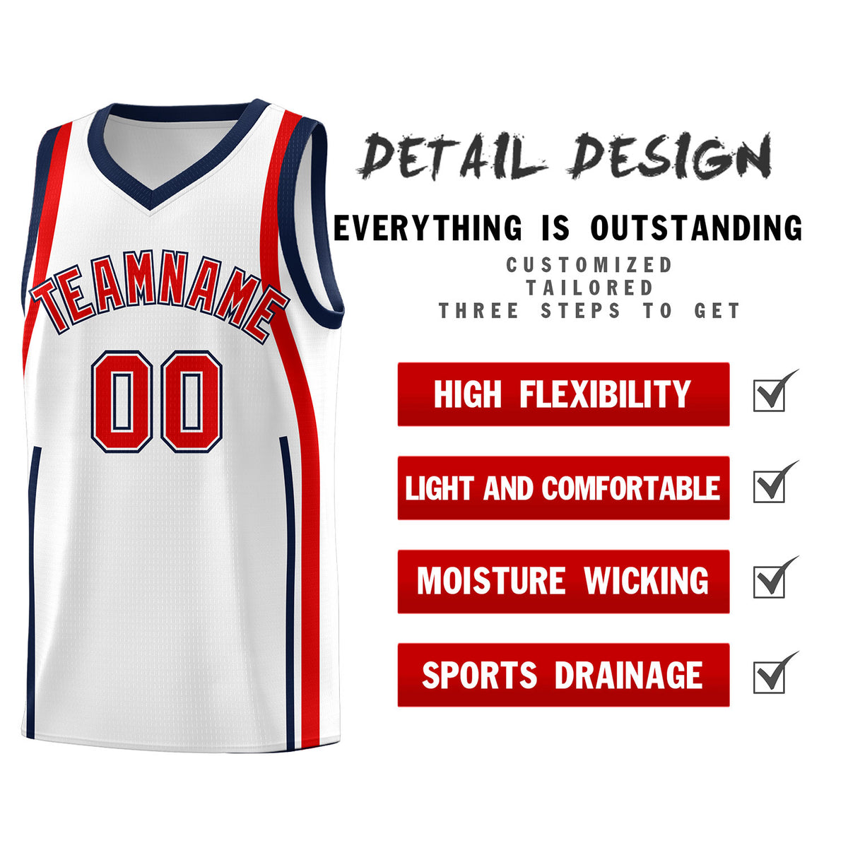 Custom White Navy-Red Ribbon Pattern Basketball Kits