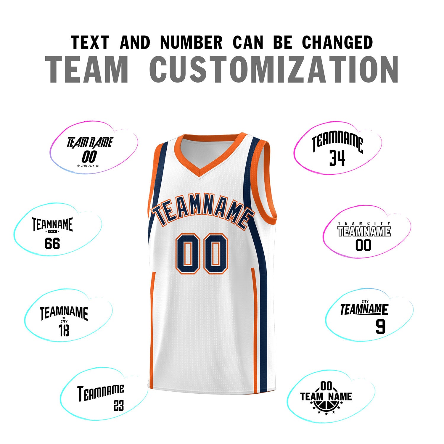 Custom White Navy-Orange Ribbon Pattern Basketball Kits