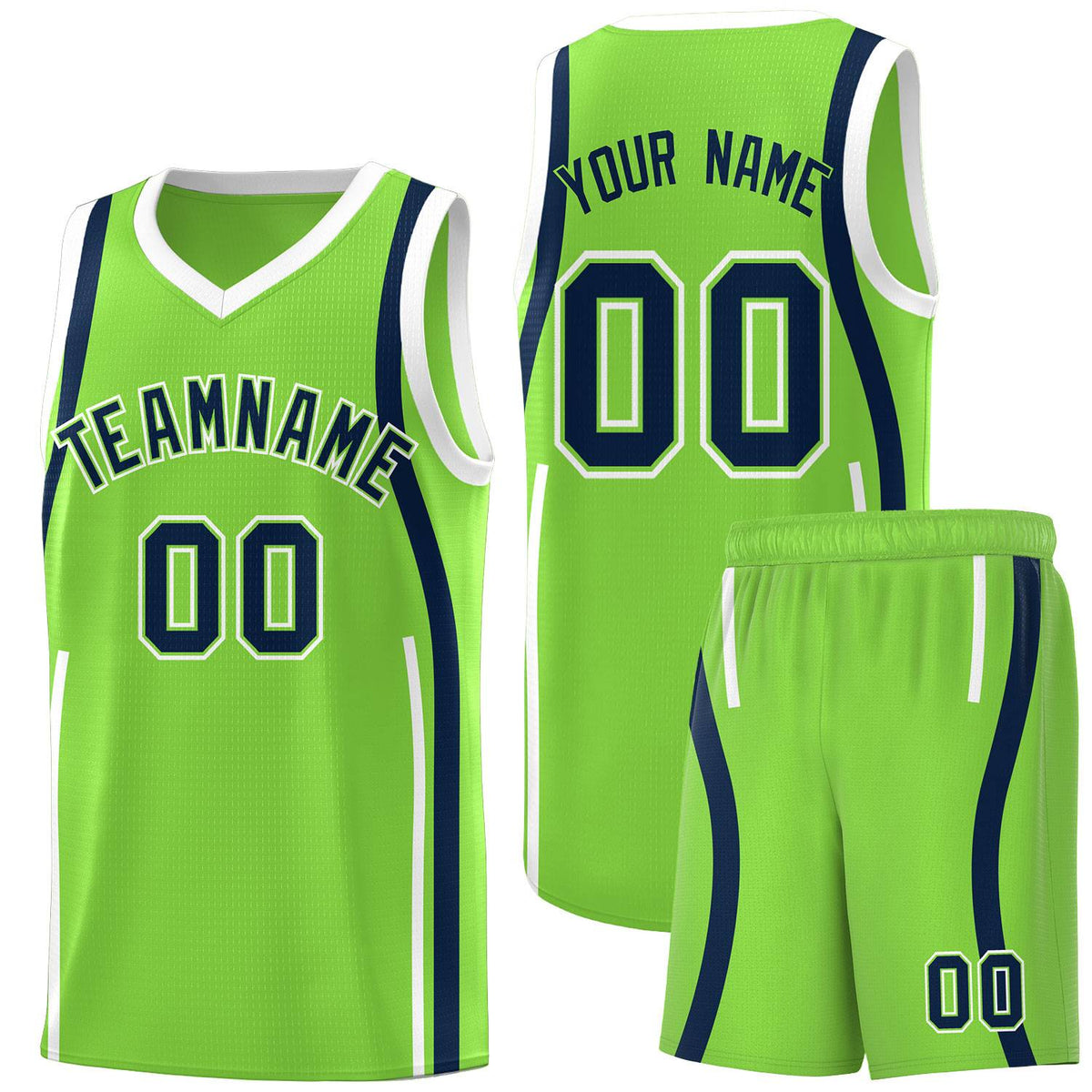 Custom Fluorescent Green Navy-White Ribbon Pattern Basketball Kits