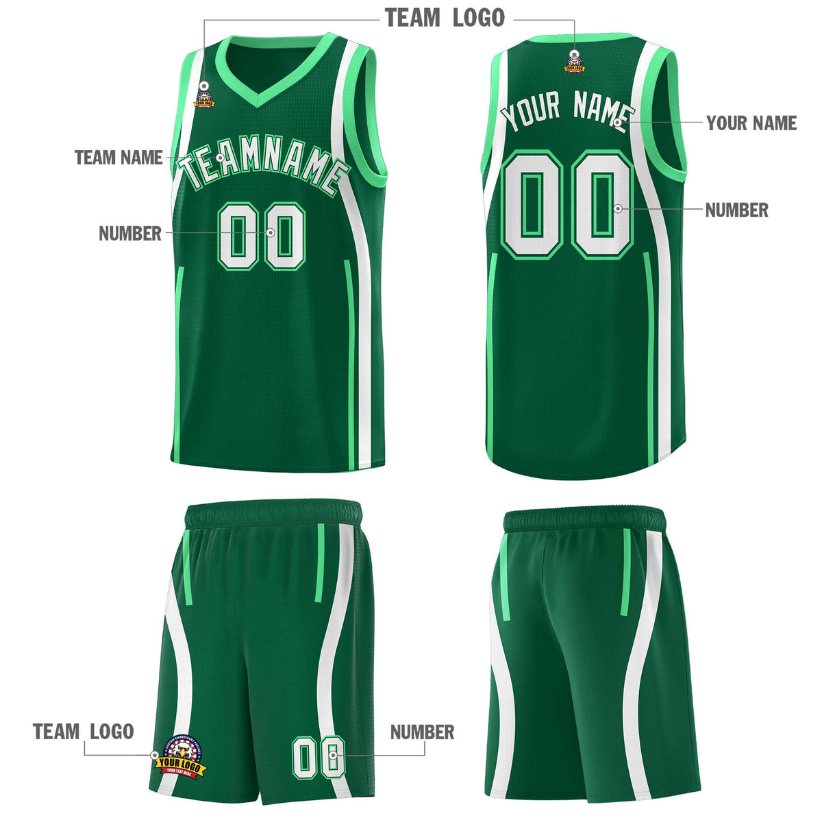Custom Kelly Green Green-White Ribbon Pattern Basketball Kits
