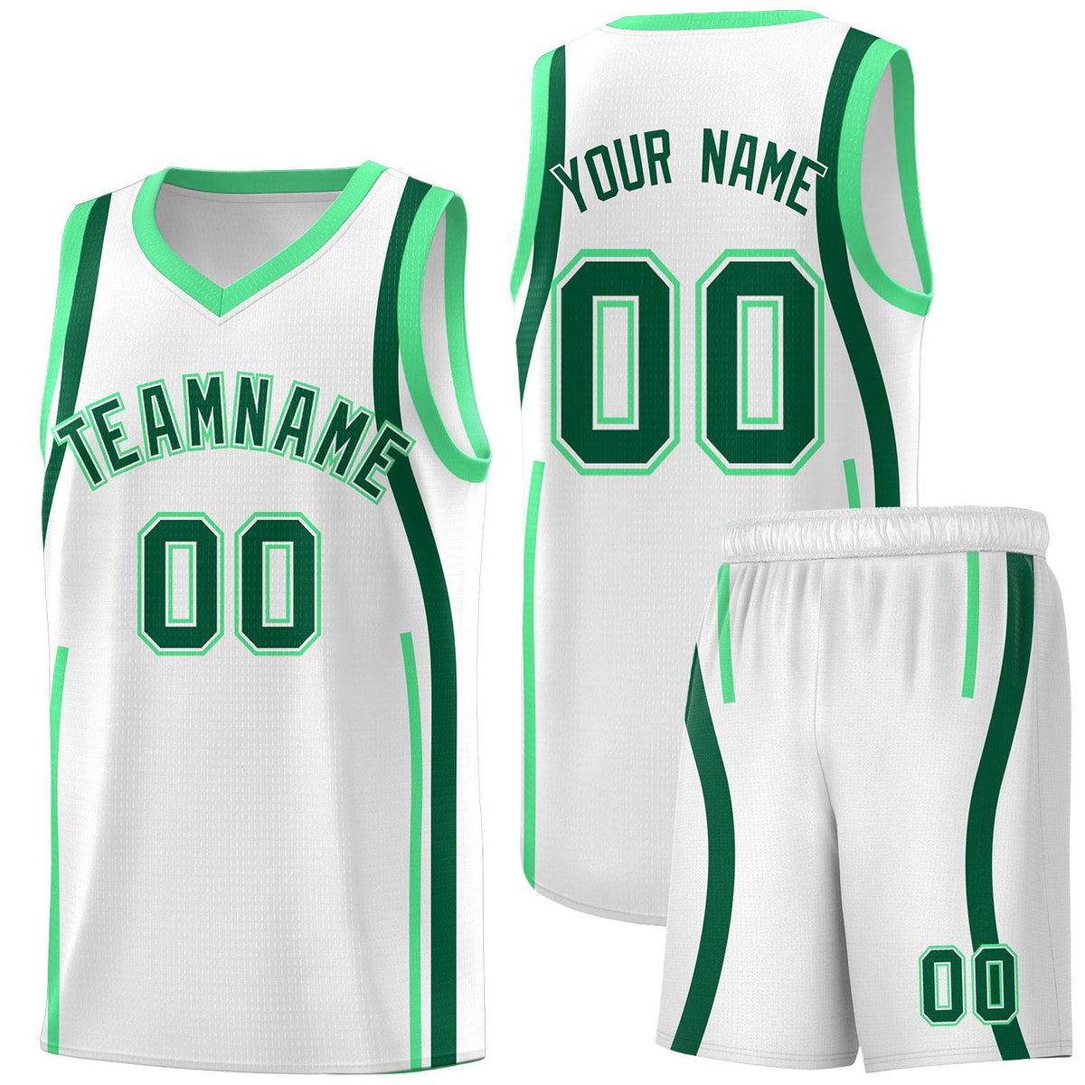 Custom White Kelly Green-Green Ribbon Pattern Basketball Kits