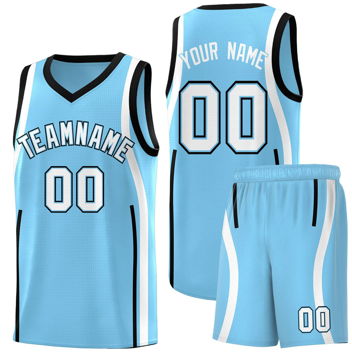 Custom Light Blue Black-White Ribbon Pattern Basketball Kits