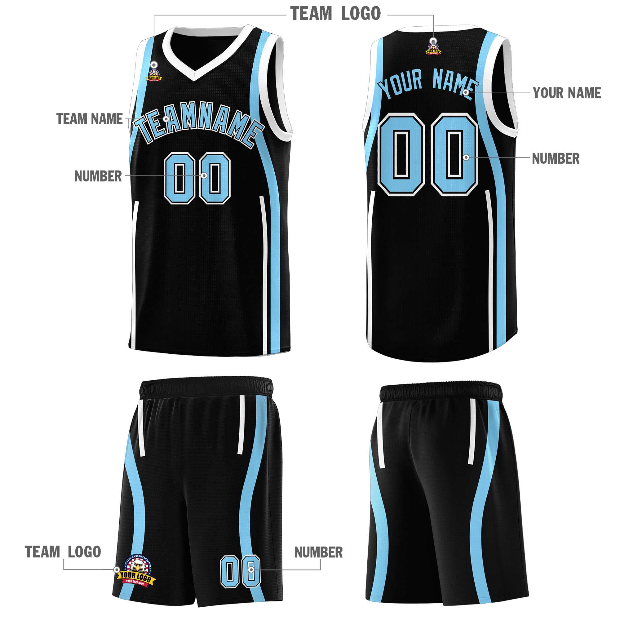 Custom Black Light Blue-White Ribbon Pattern Basketball Kits