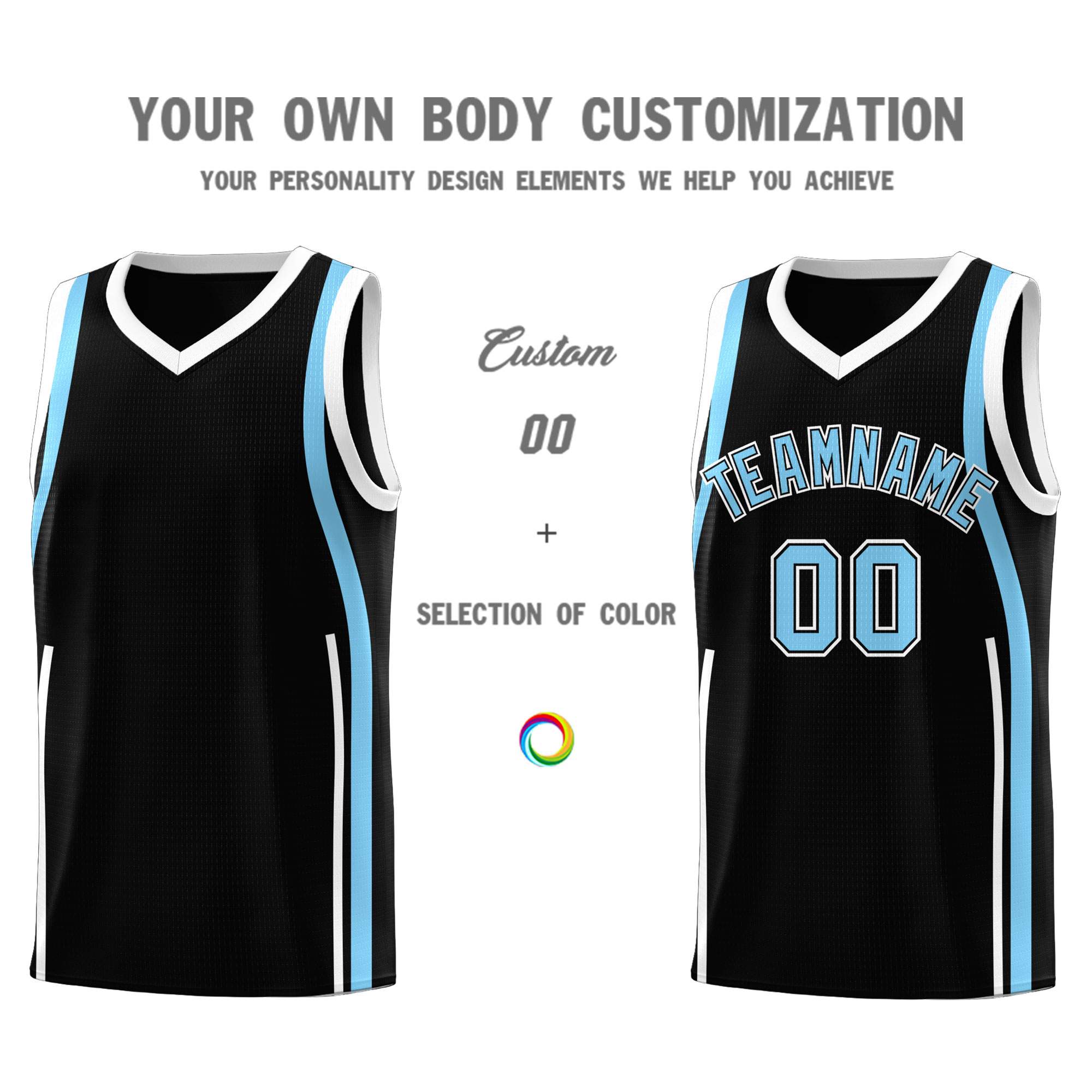 Custom Black Light Blue-White Ribbon Pattern Basketball Kits
