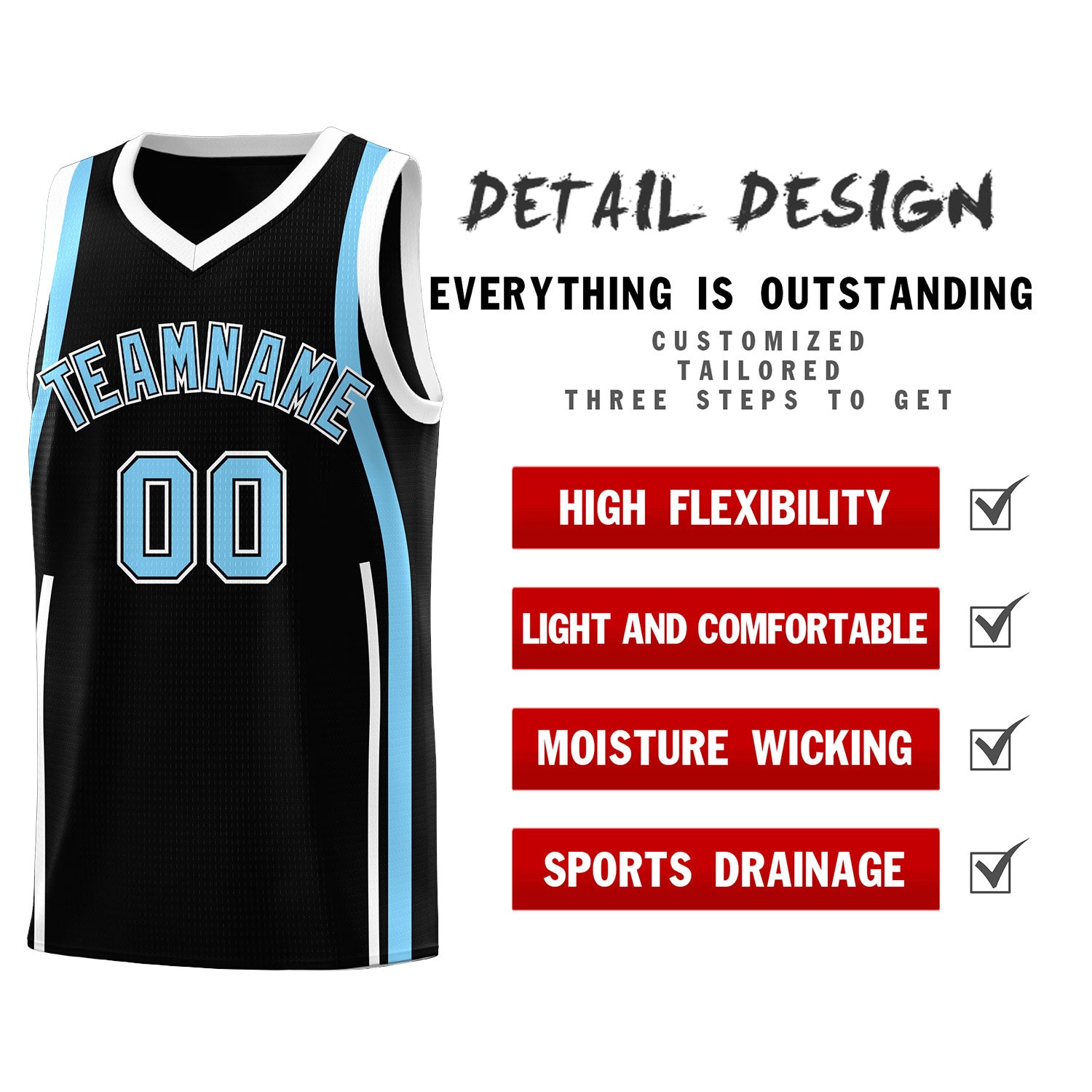 Custom Black Light Blue-White Ribbon Pattern Basketball Kits