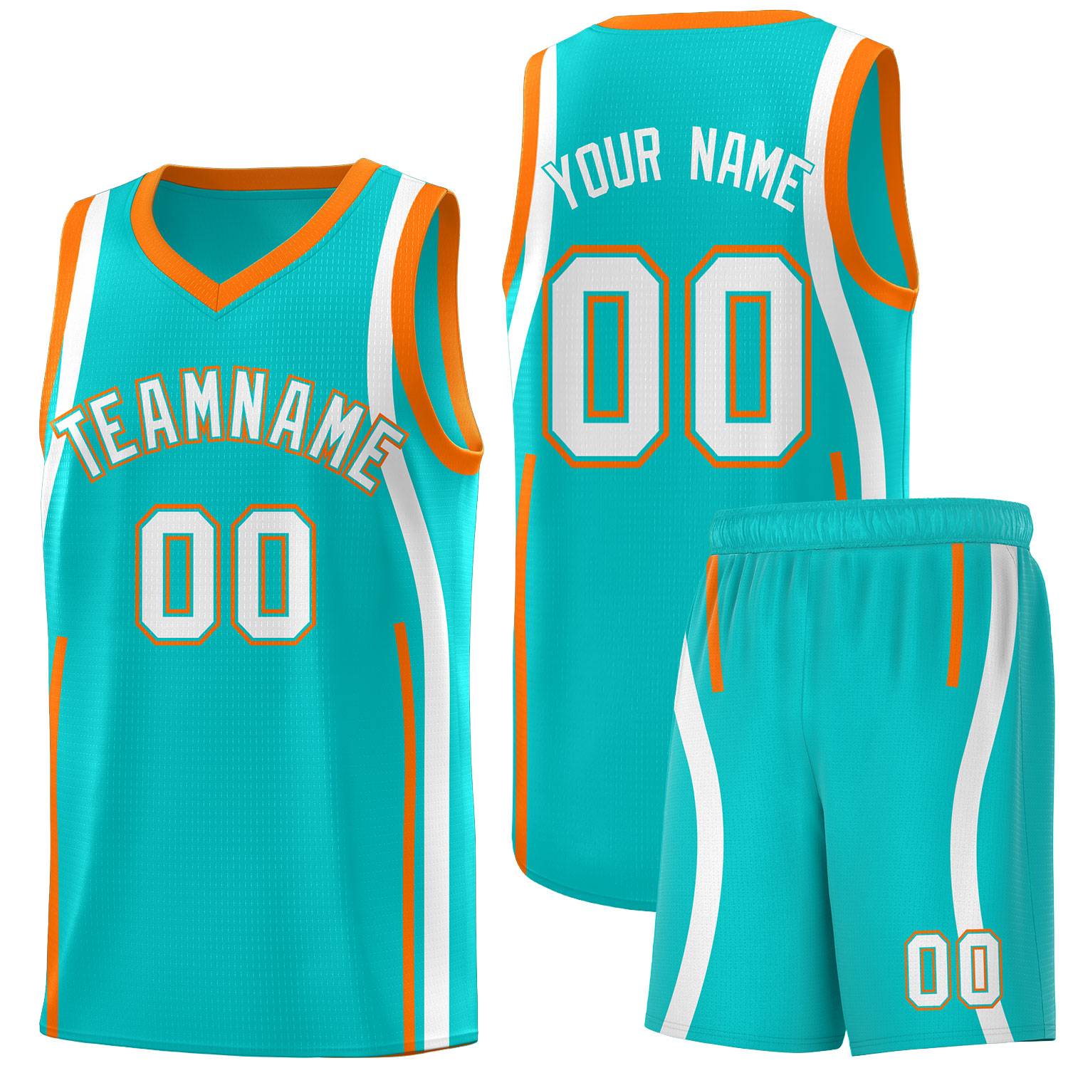 Custom Aqua Orange-White Ribbon Pattern Basketball Kits