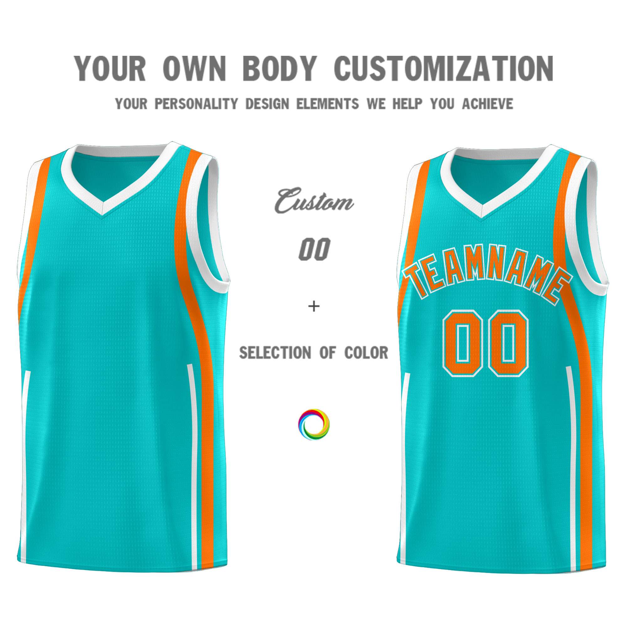 Custom Aqua Orange-White Ribbon Pattern Basketball Kits