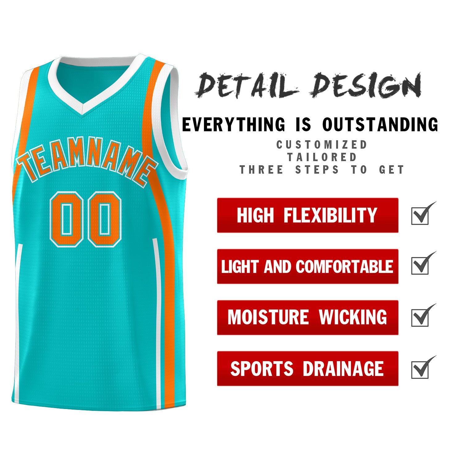 Custom Aqua Orange-White Ribbon Pattern Basketball Kits