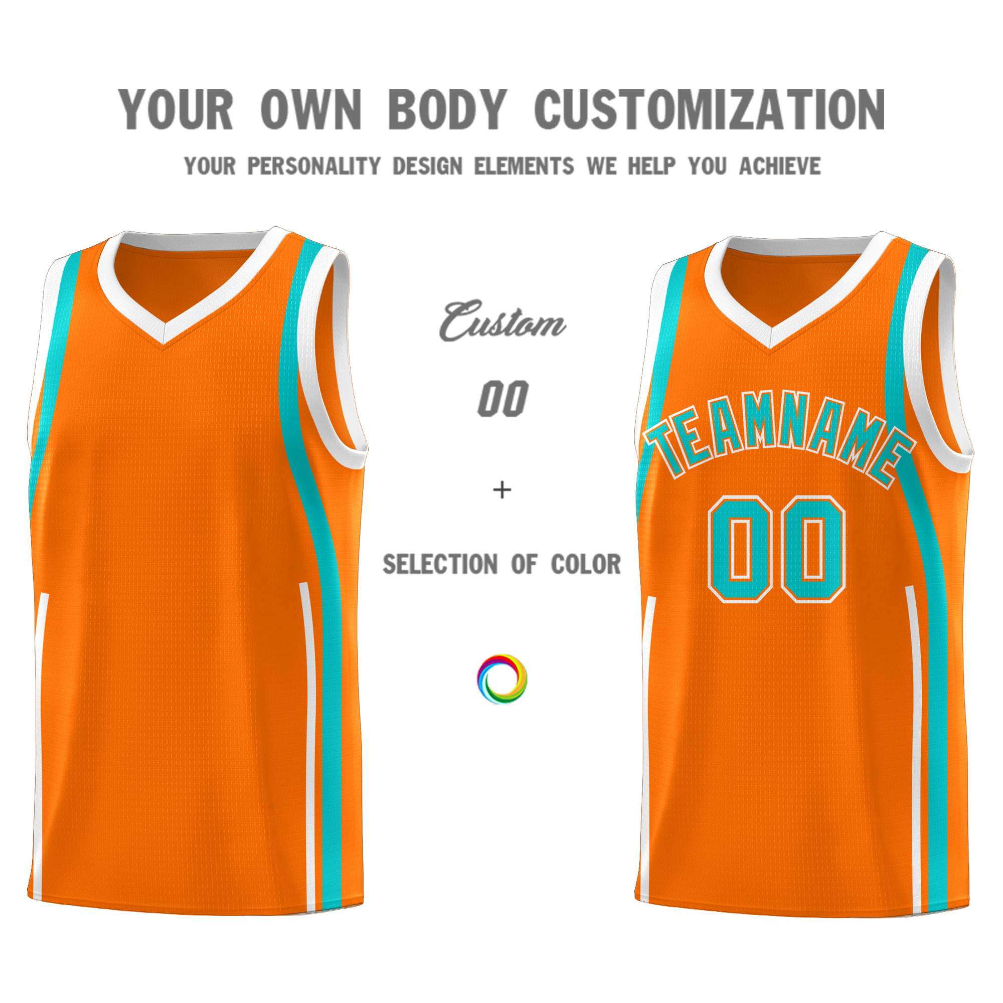 Custom Orange Aqua-White Ribbon Pattern Basketball Kits