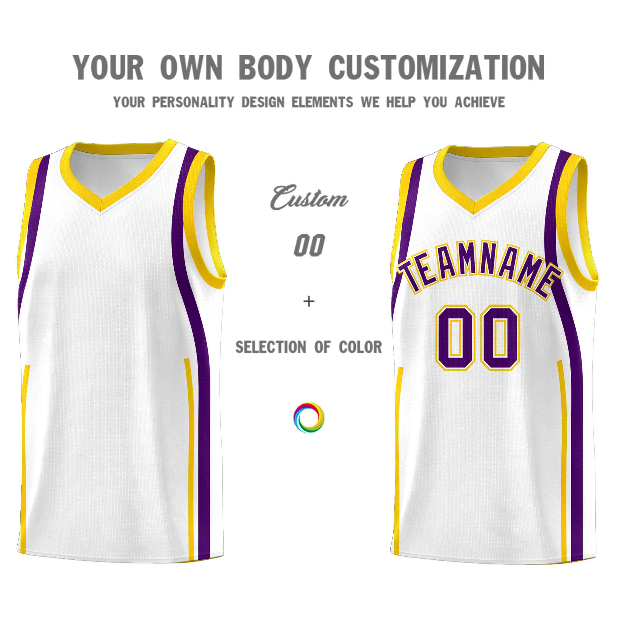 Custom White Purple-Gold Ribbon Pattern Basketball Kits