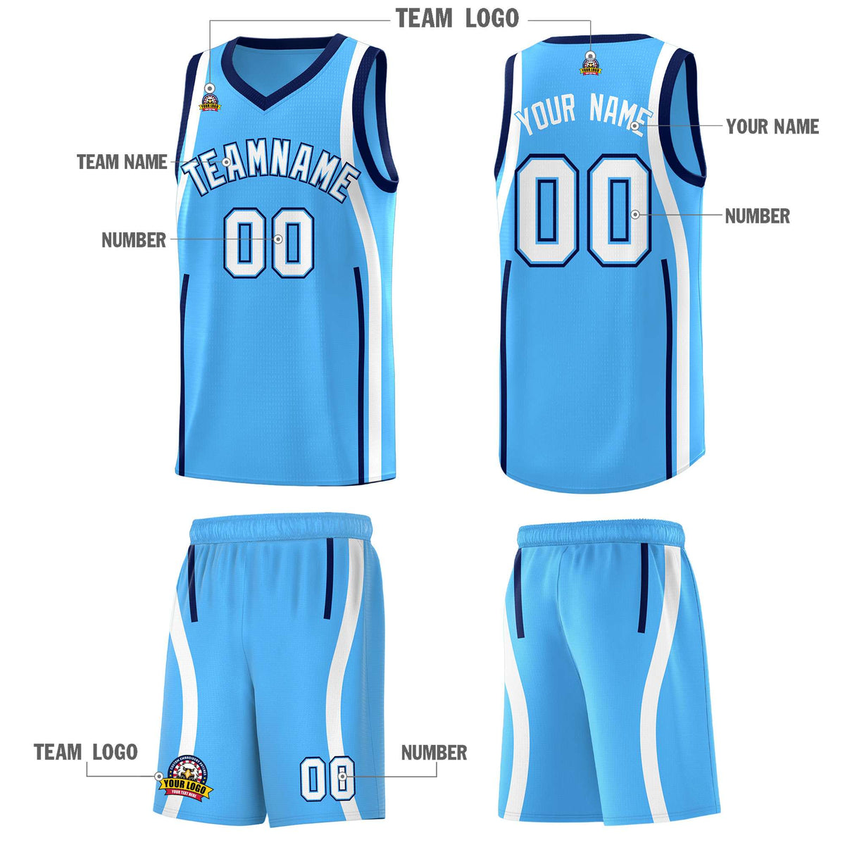 Custom Powder Blue Navy-White Ribbon Pattern Basketball Kits