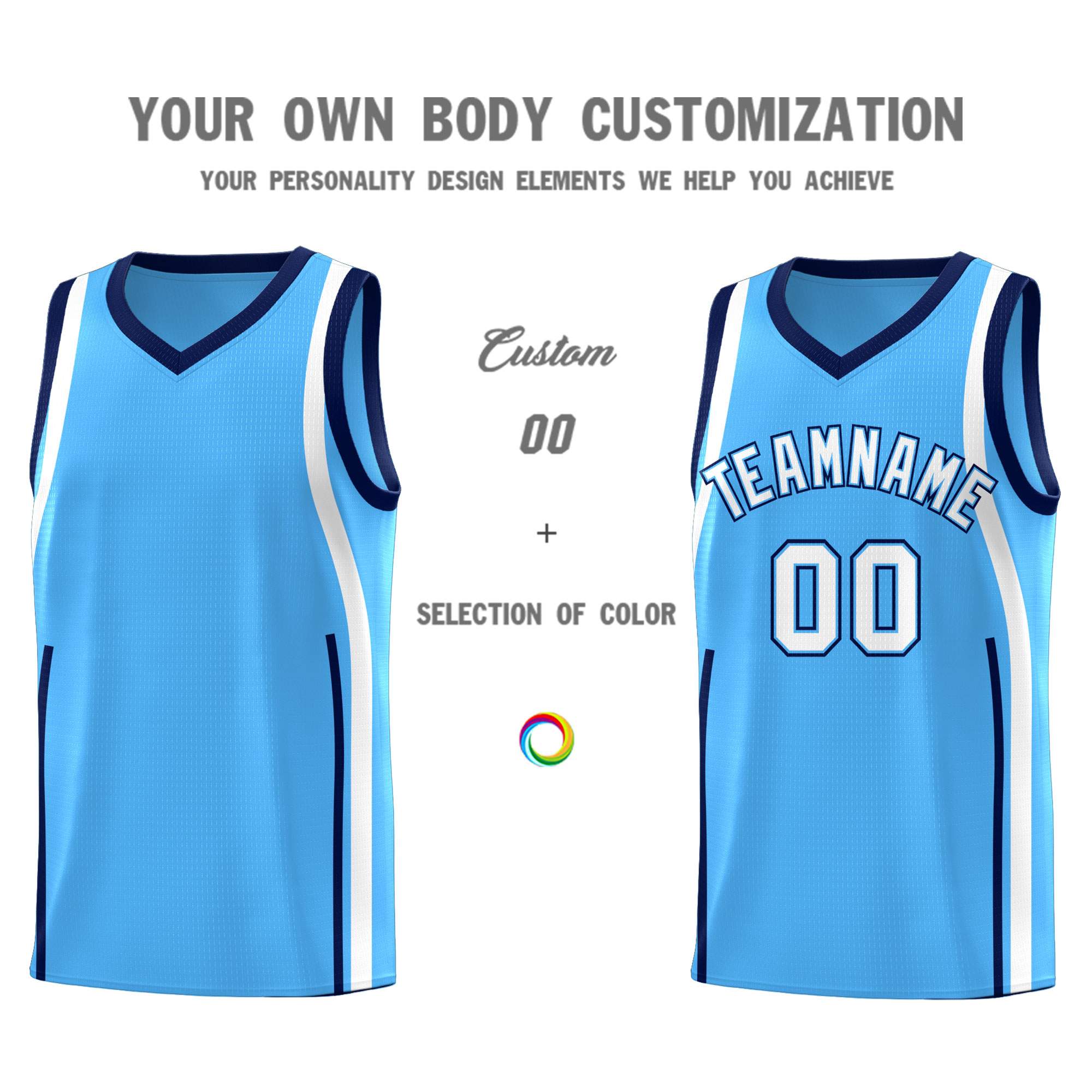 Custom Powder Blue Navy-White Ribbon Pattern Basketball Kits