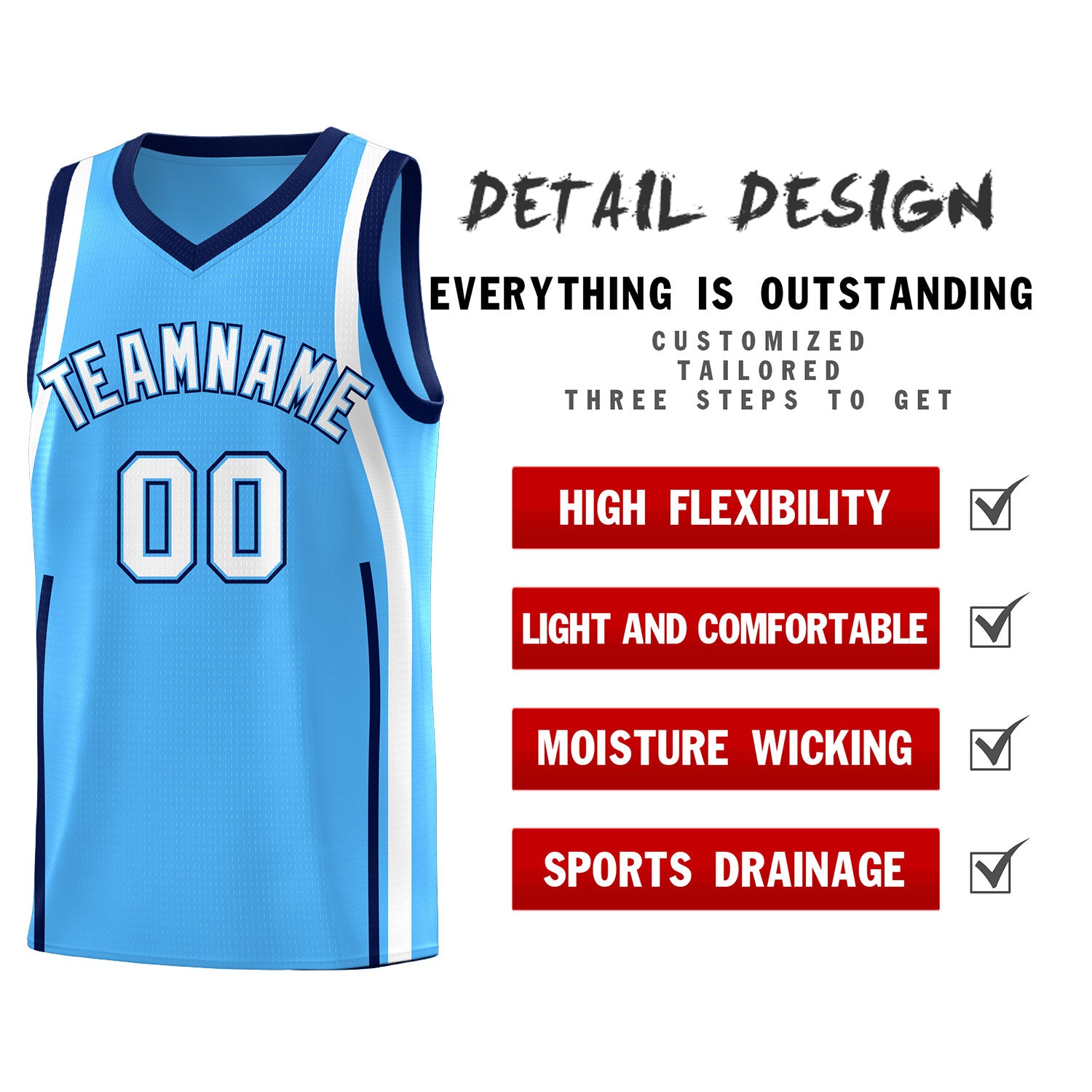 Custom Powder Blue Navy-White Ribbon Pattern Basketball Kits